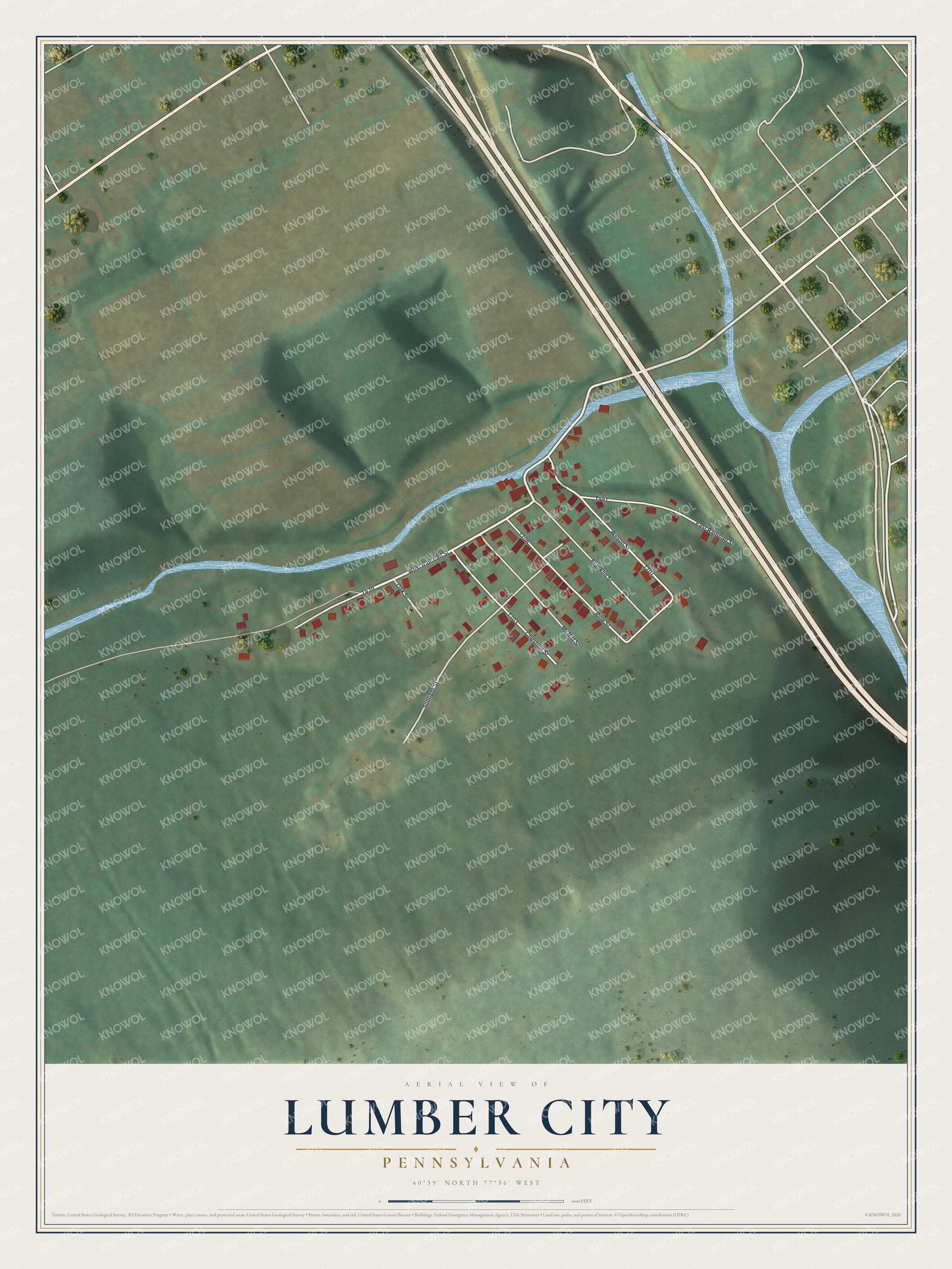 Full map of Lumber City, Pennsylvania, with red buildings, printed street names and the land around them