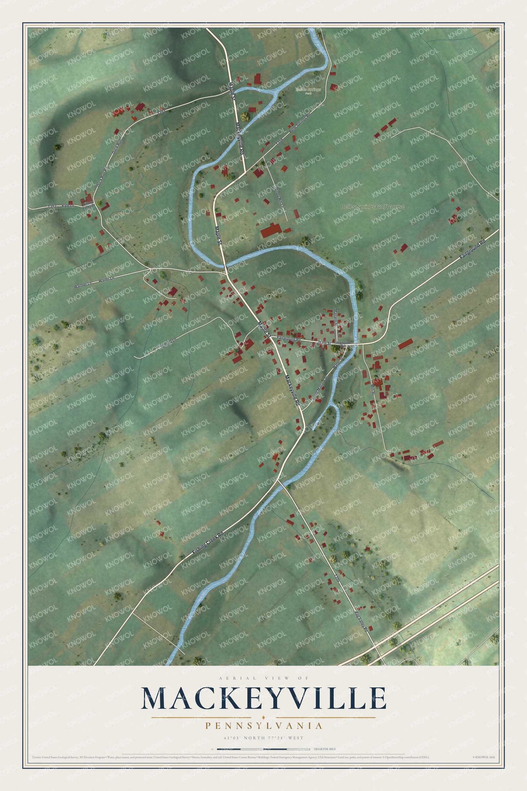 Full map of Mackeyville, Pennsylvania, with red buildings, printed street names and the land around them