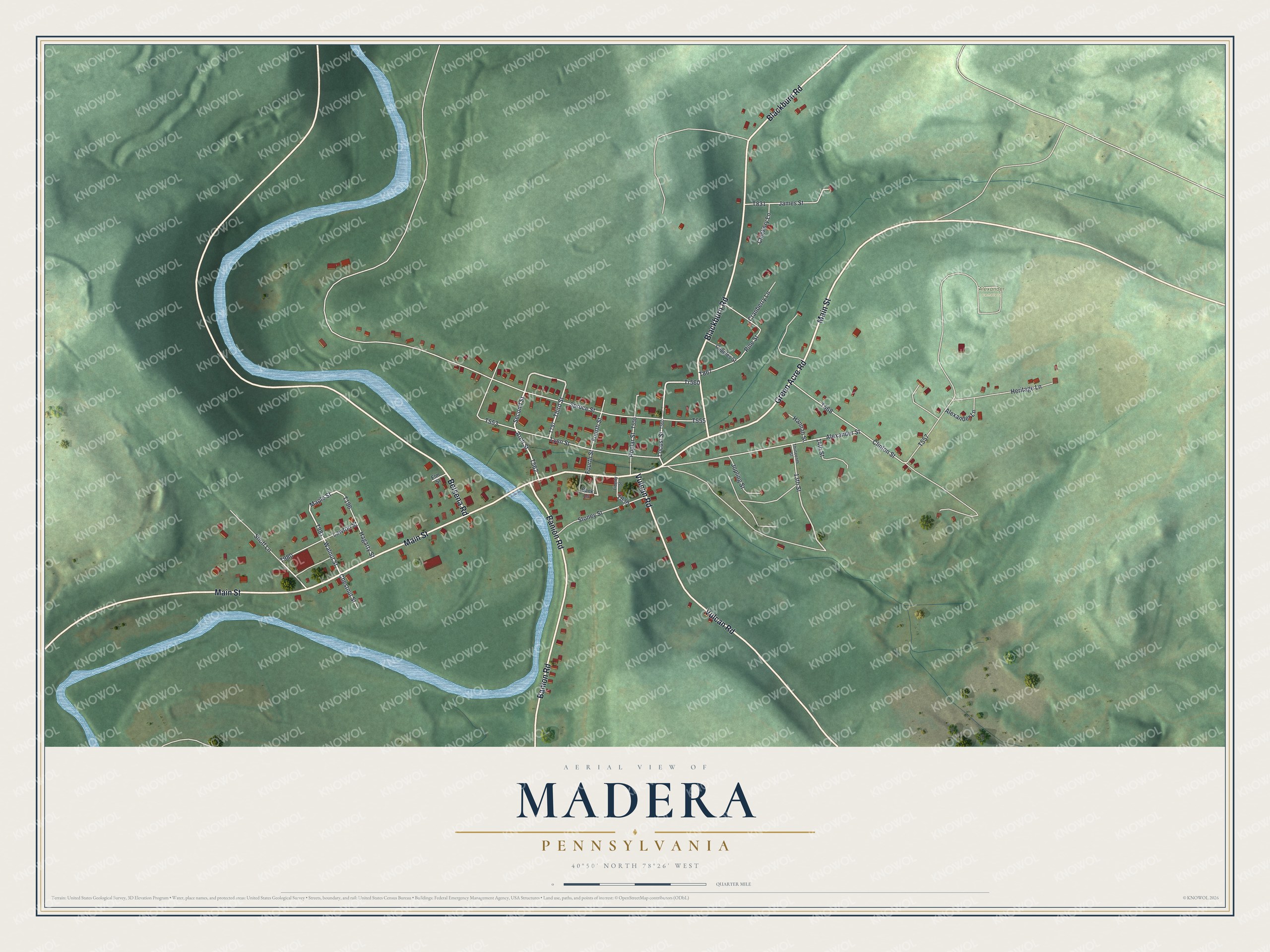 Full map of Madera, Pennsylvania, with red buildings, printed street names and the land around them
