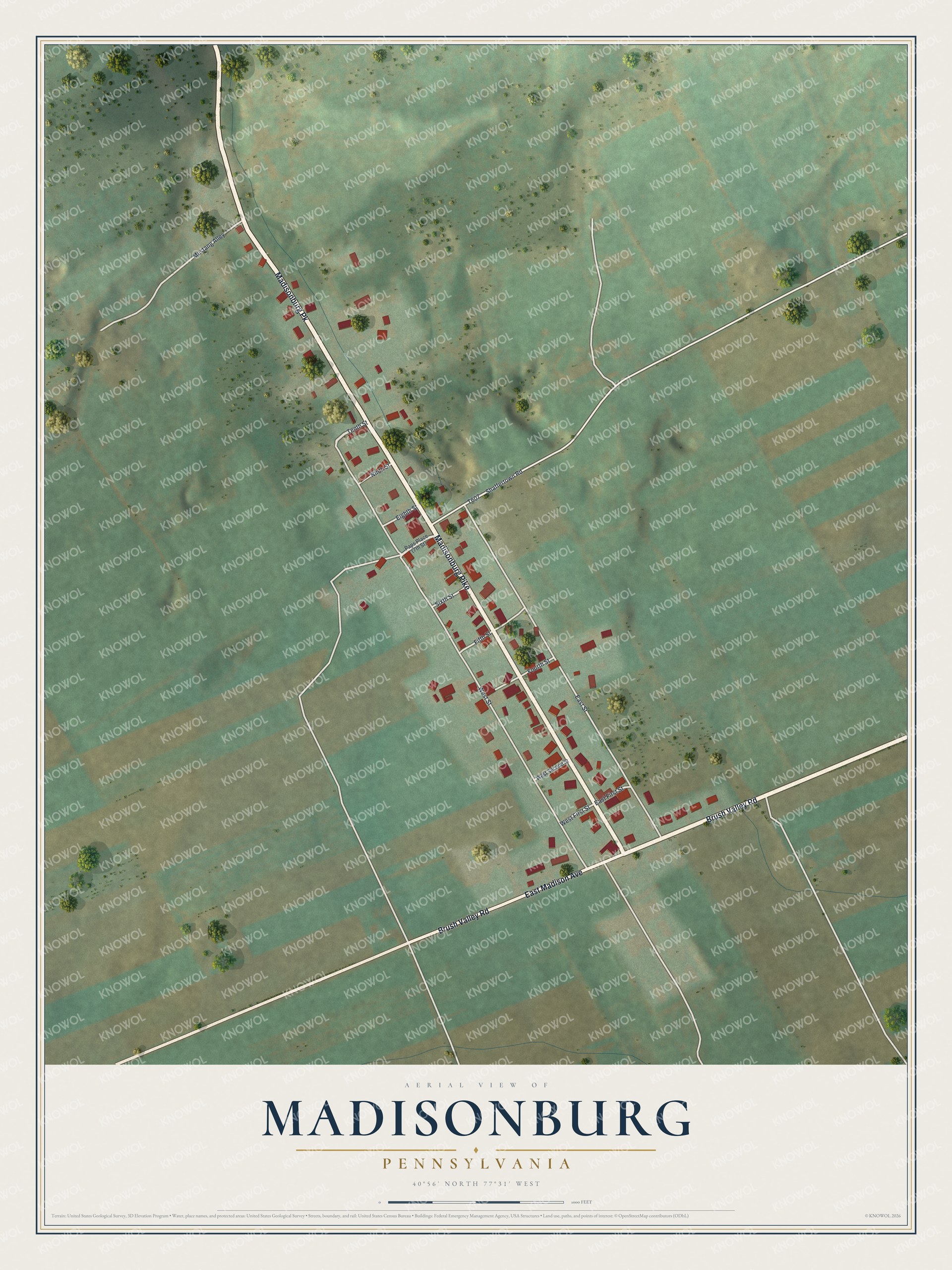 Full map of Madisonburg, Pennsylvania, with red buildings, printed street names and the land around them