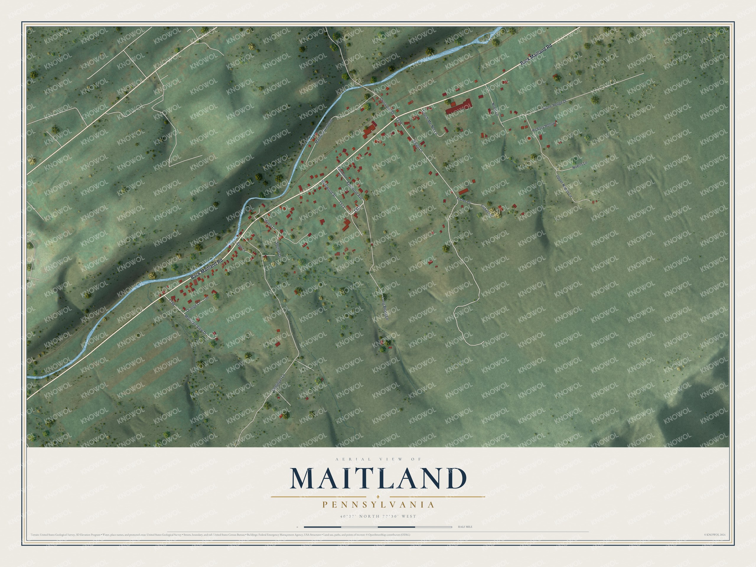 Full map of Maitland, Pennsylvania, with red buildings, printed street names and the land around them