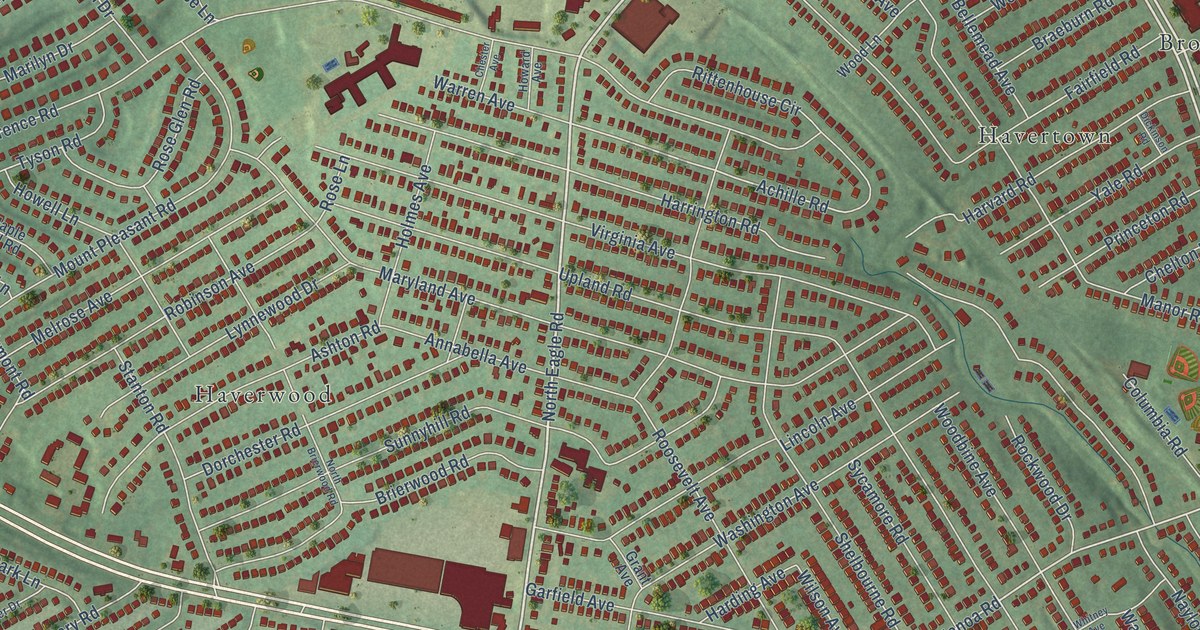 Close-up of streets and buildings in Manoa, Pennsylvania