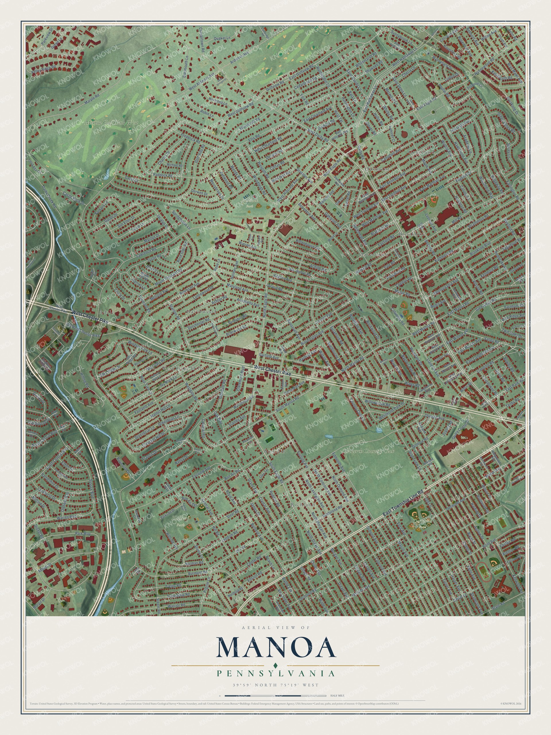 Full map of Manoa, Pennsylvania, with red buildings, printed street names and the land around them
