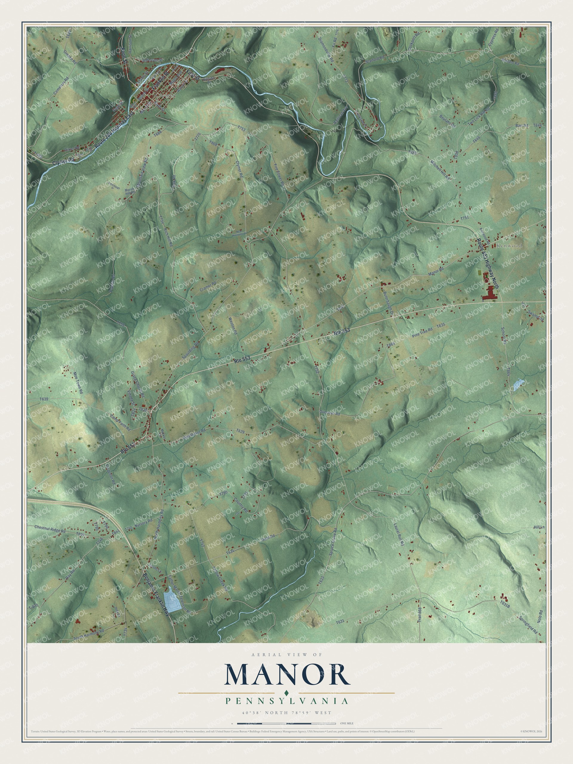 Full map of Manor, Pennsylvania, with red buildings, printed street names and the land around them