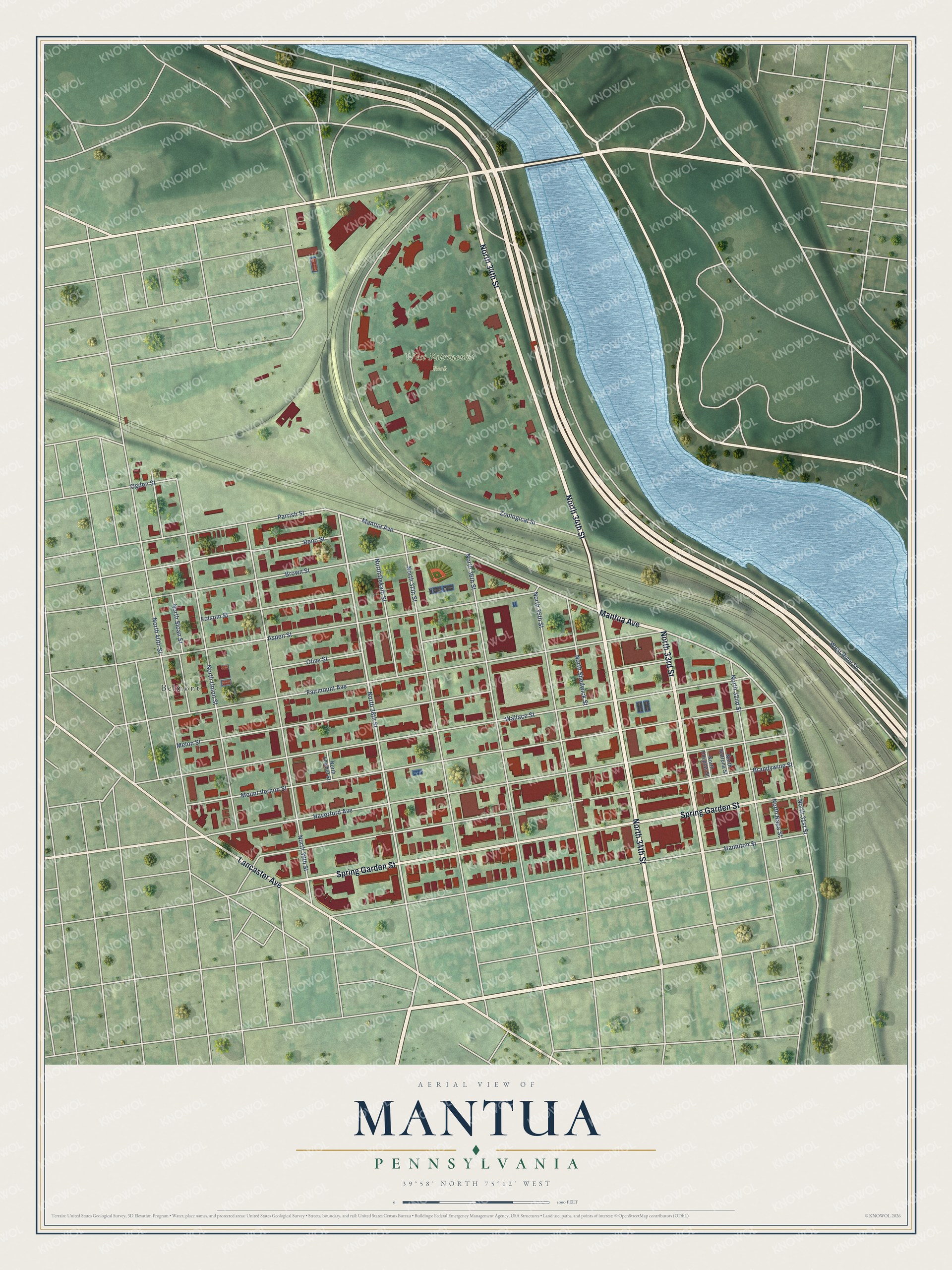 Full map of Mantua, Pennsylvania, with red buildings, printed street names and the land around them