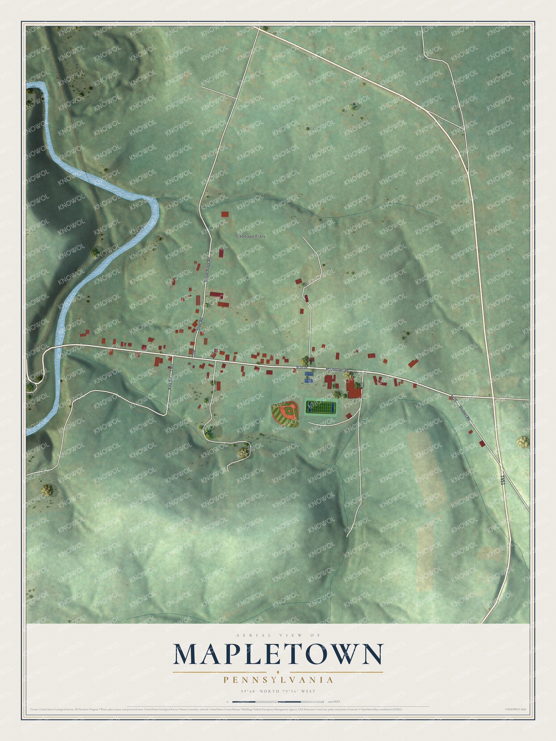 Full map of Mapletown, Pennsylvania, with red buildings, printed street names and the land around them