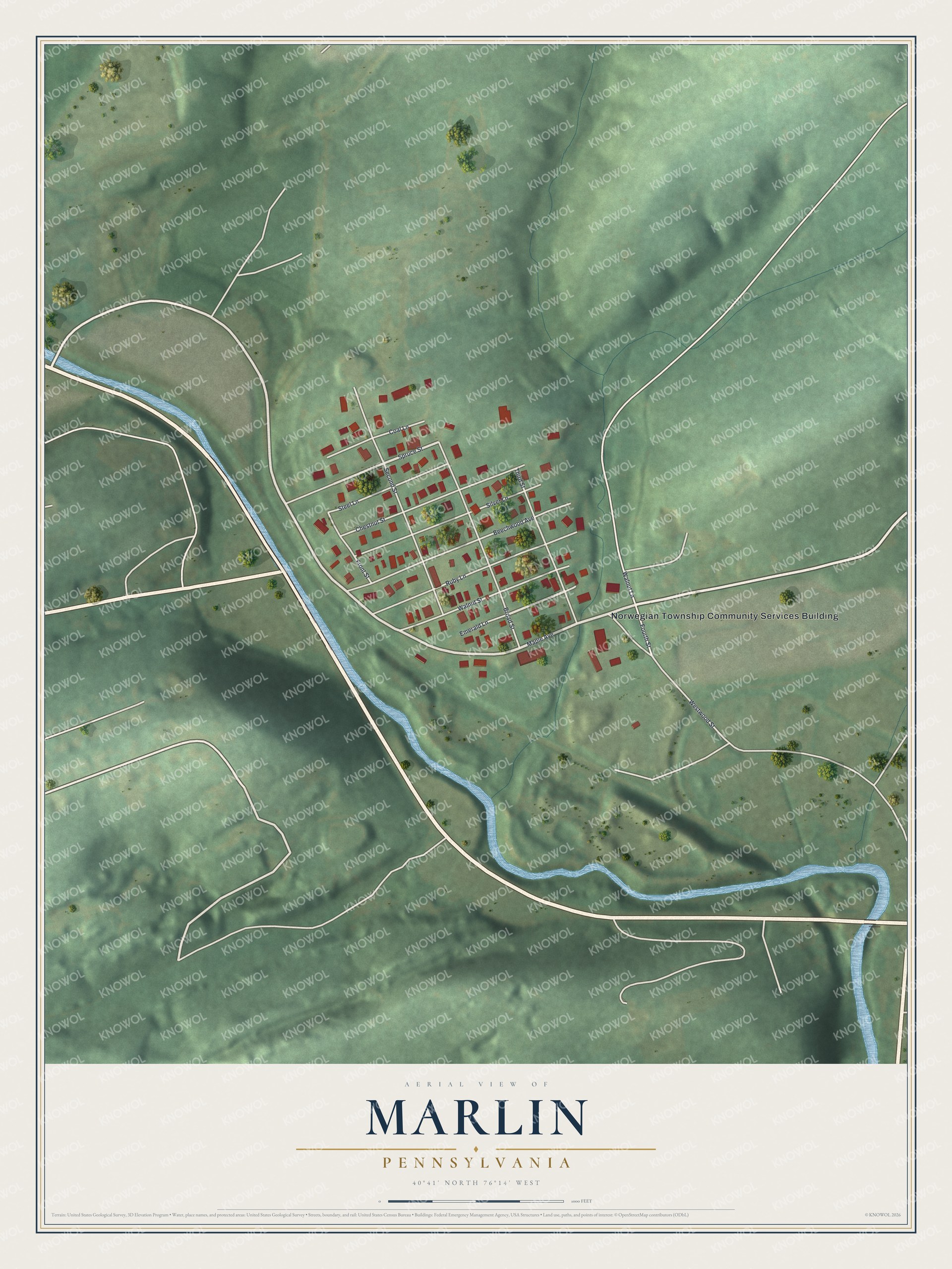 Full map of Marlin, Pennsylvania, with red buildings, printed street names and the land around them