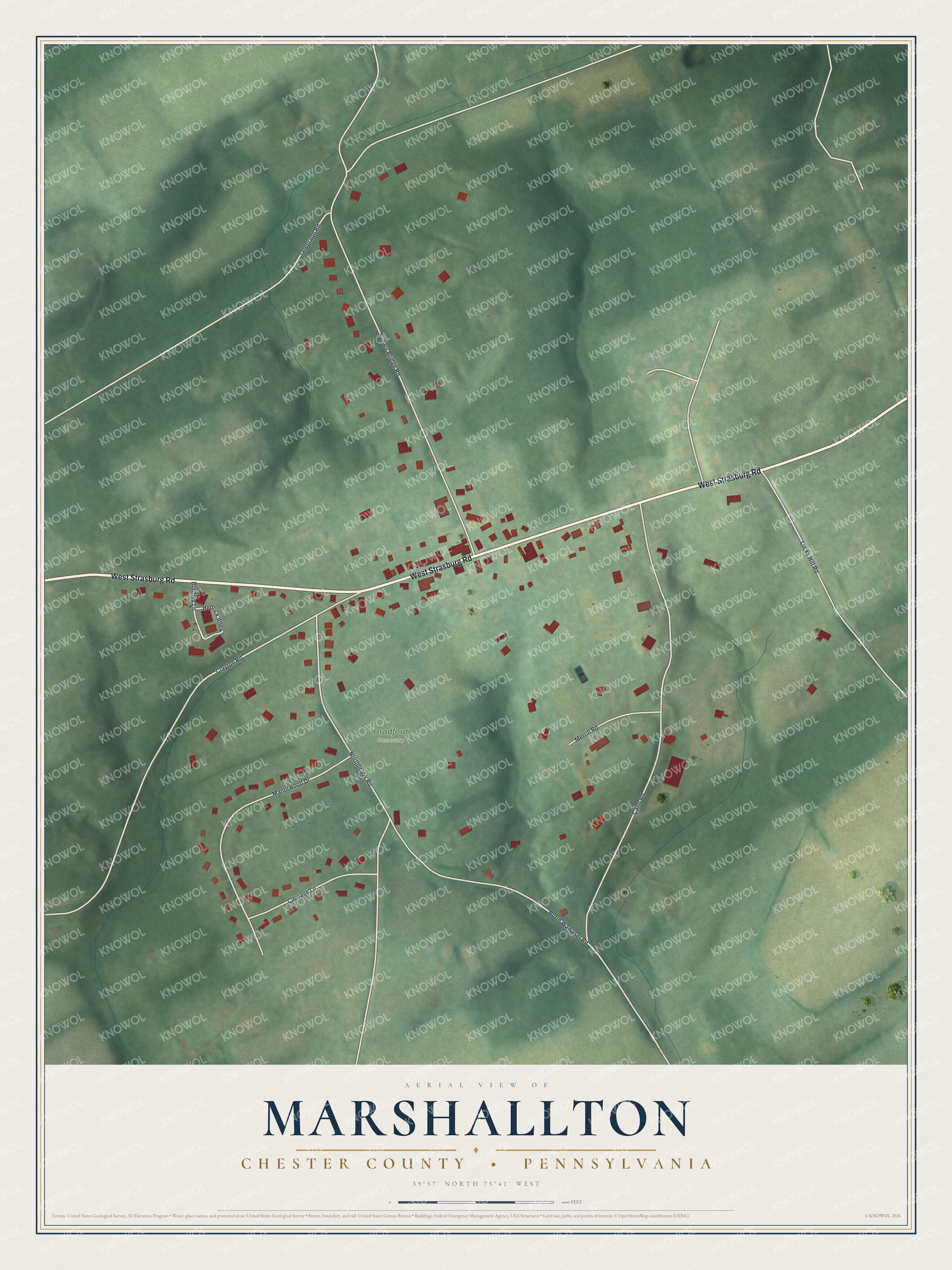 Full map of Marshallton, Pennsylvania, with red buildings, printed street names and the land around them
