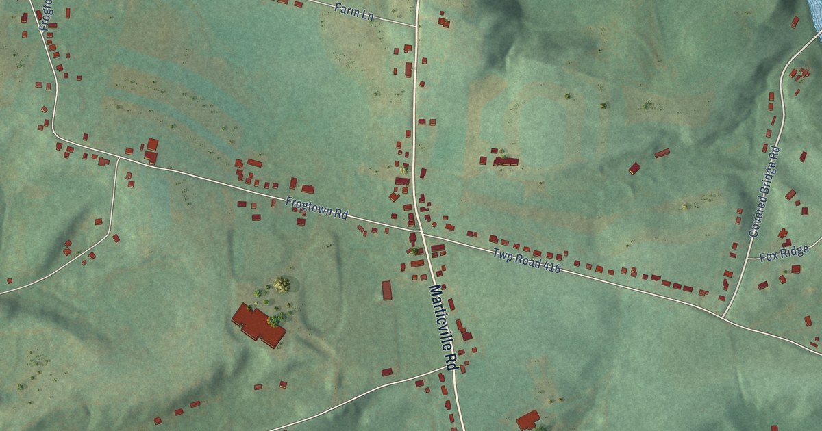 Close-up of streets and buildings in Marticville, Pennsylvania