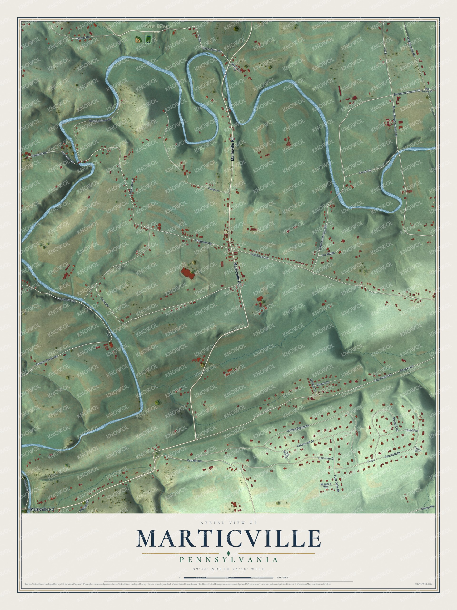 Full map of Marticville, Pennsylvania, with red buildings, printed street names and the land around them