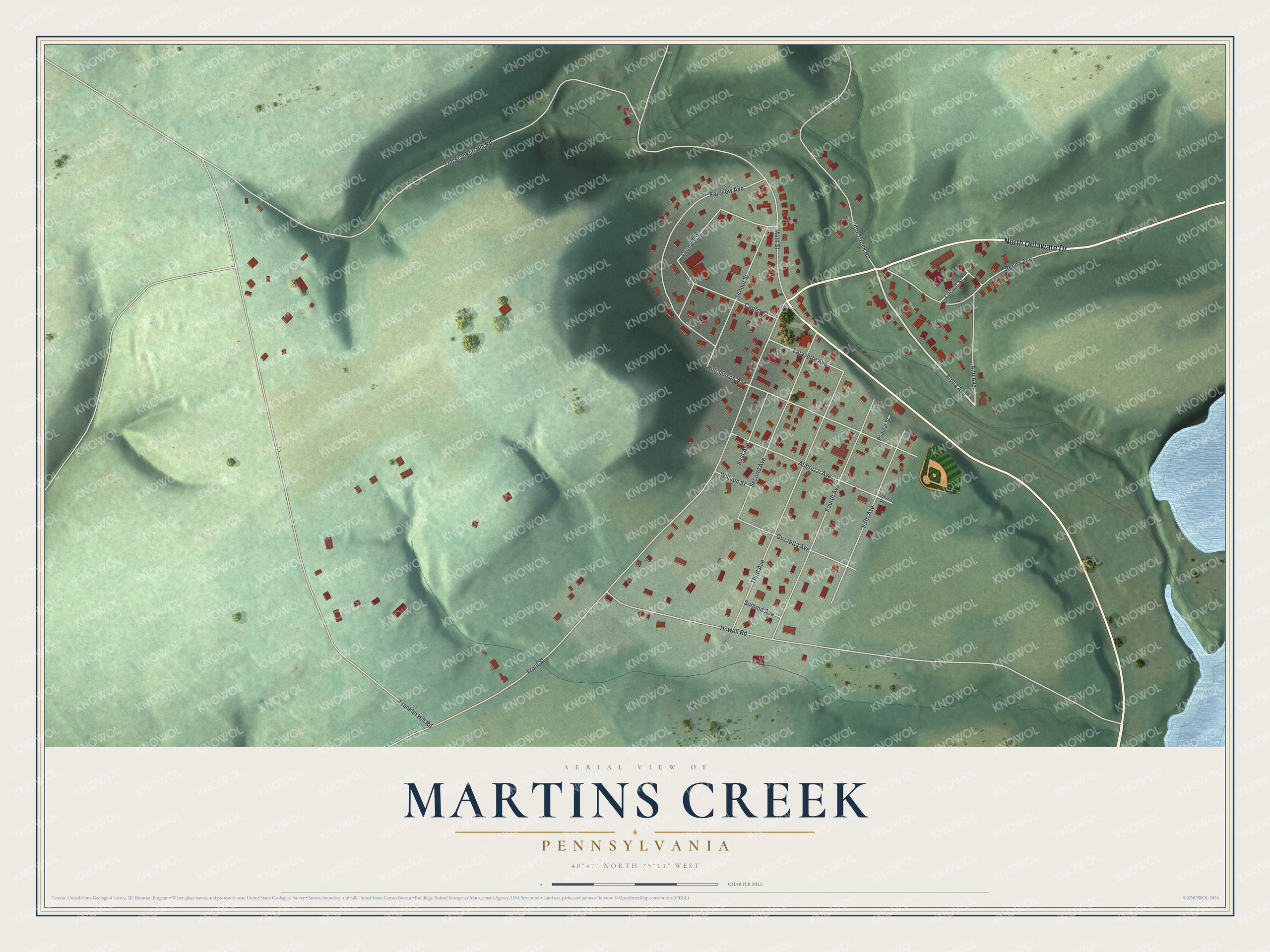 Full map of Martins Creek, Pennsylvania, with red buildings, printed street names and the land around them