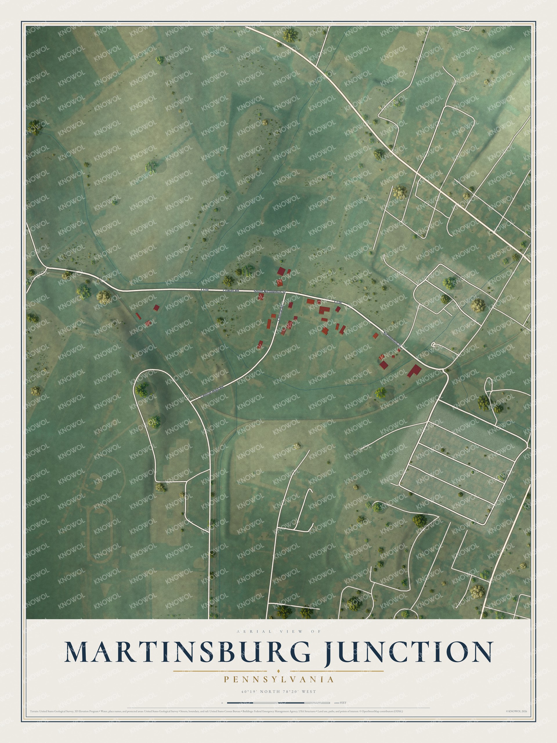 Full map of Martinsburg Junction, Pennsylvania, with red buildings, printed street names and the land around them