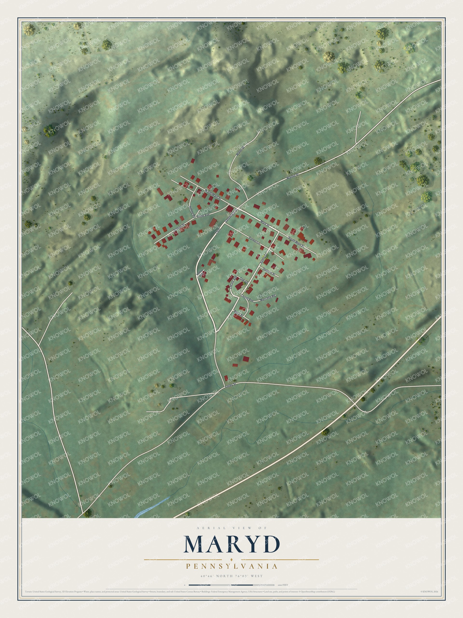 Full map of Maryd, Pennsylvania, with red buildings, printed street names and the land around them