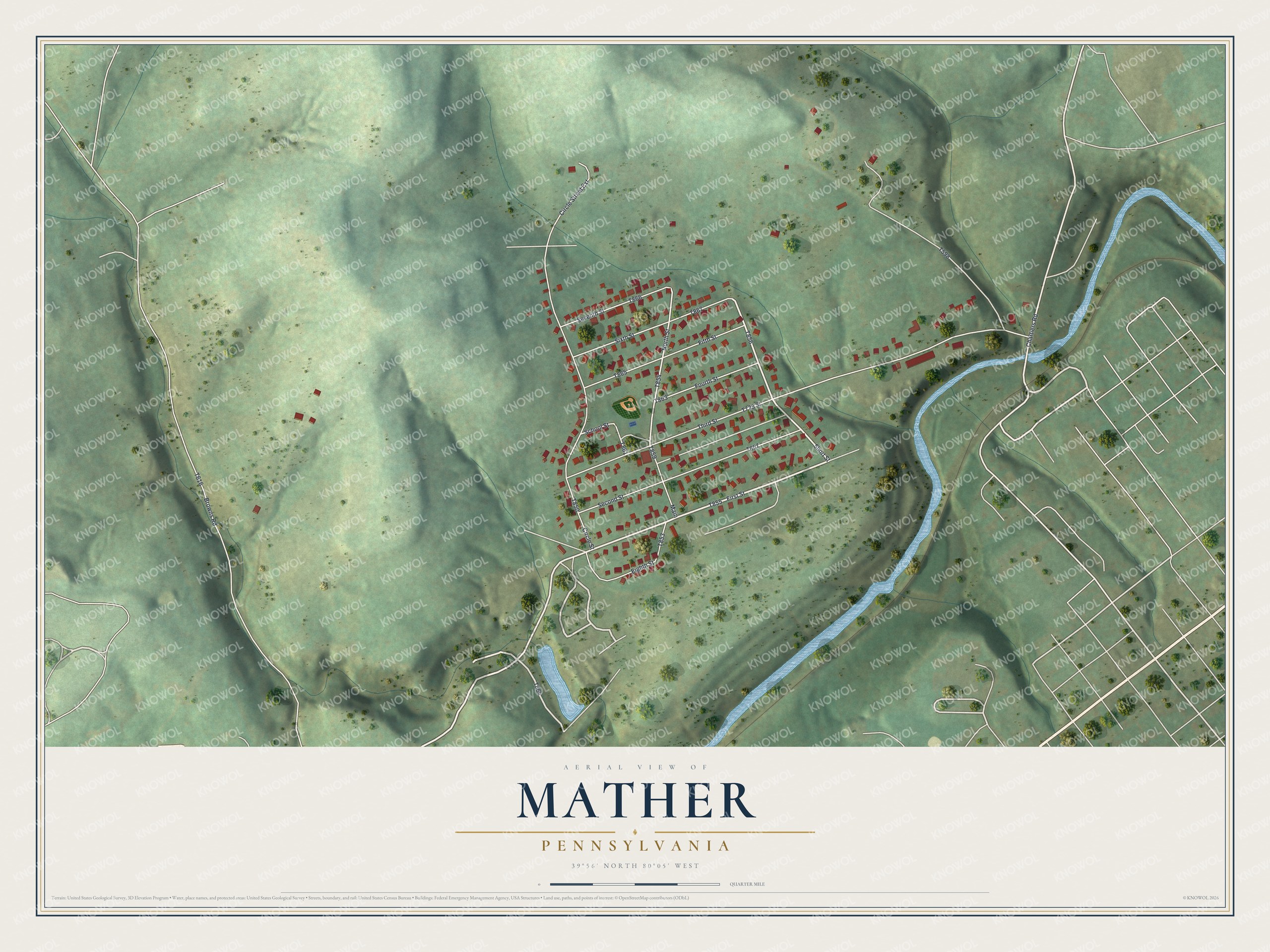 Full map of Mather, Pennsylvania, with red buildings, printed street names and the land around them