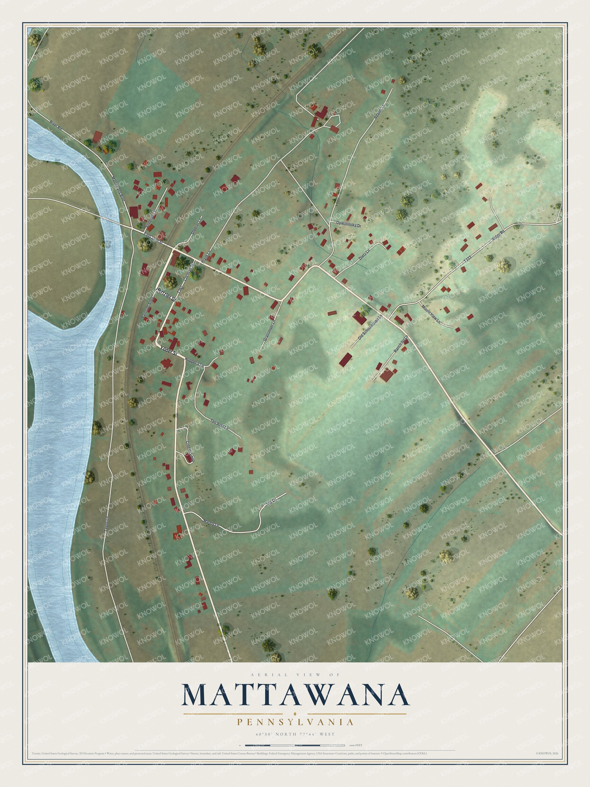 Full map of Mattawana, Pennsylvania, with red buildings, printed street names and the land around them