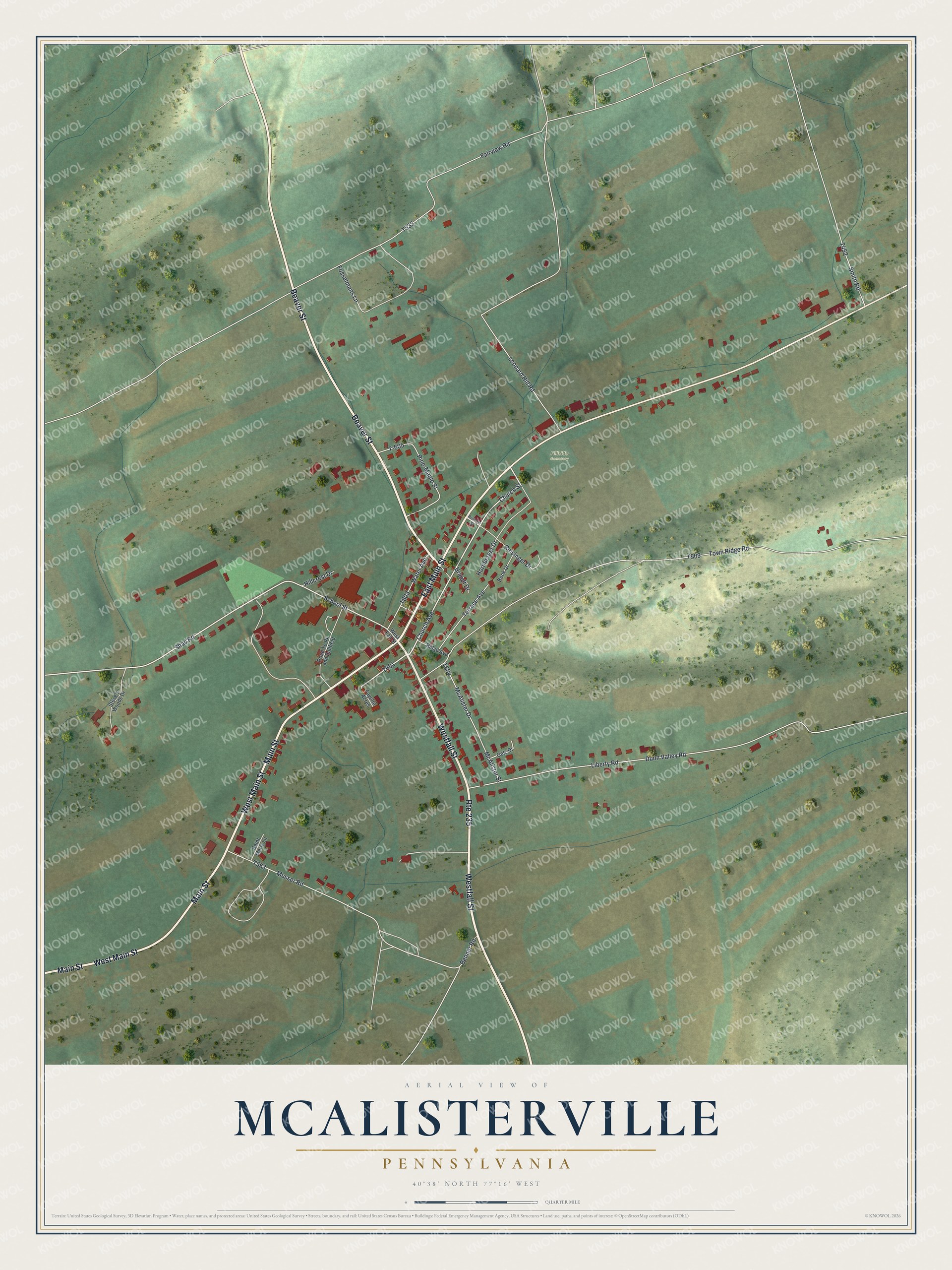 Full map of McAlisterville, Pennsylvania, with red buildings, printed street names and the land around them