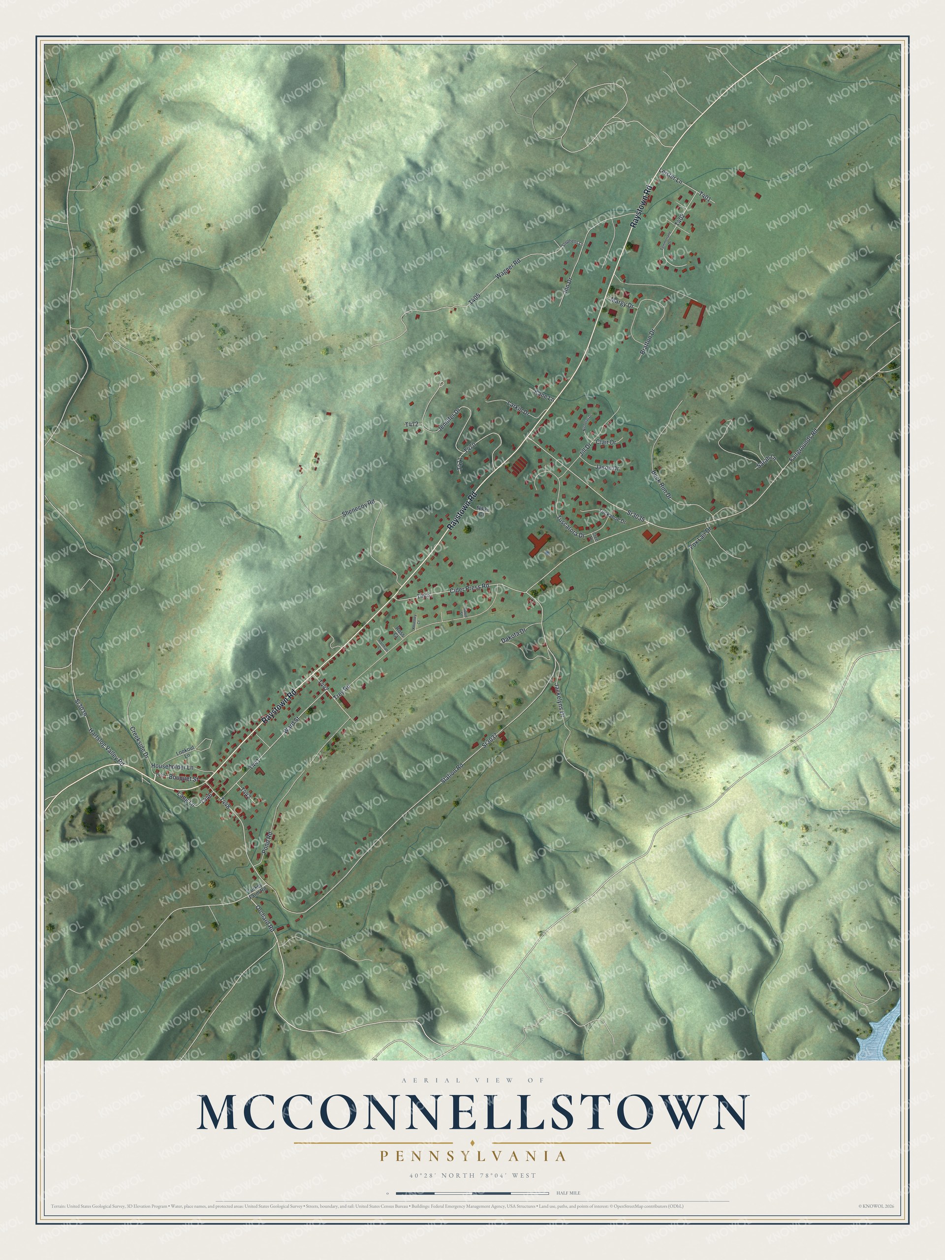 Full map of McConnellstown, Pennsylvania, with red buildings, printed street names and the land around them