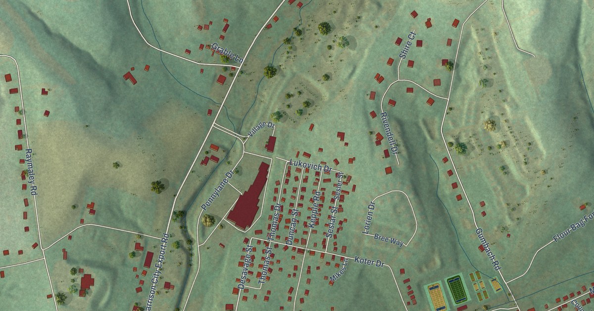 Close-up of streets and buildings in McCullough, Pennsylvania