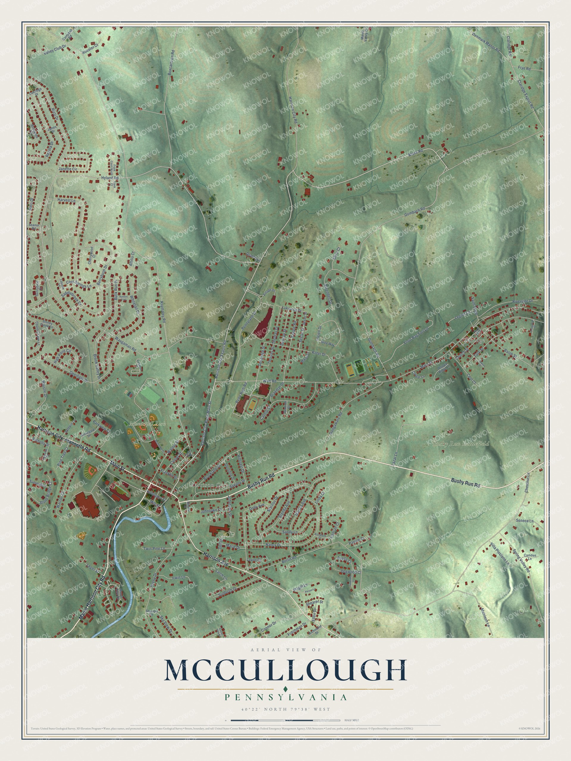Full map of McCullough, Pennsylvania, with red buildings, printed street names and the land around them