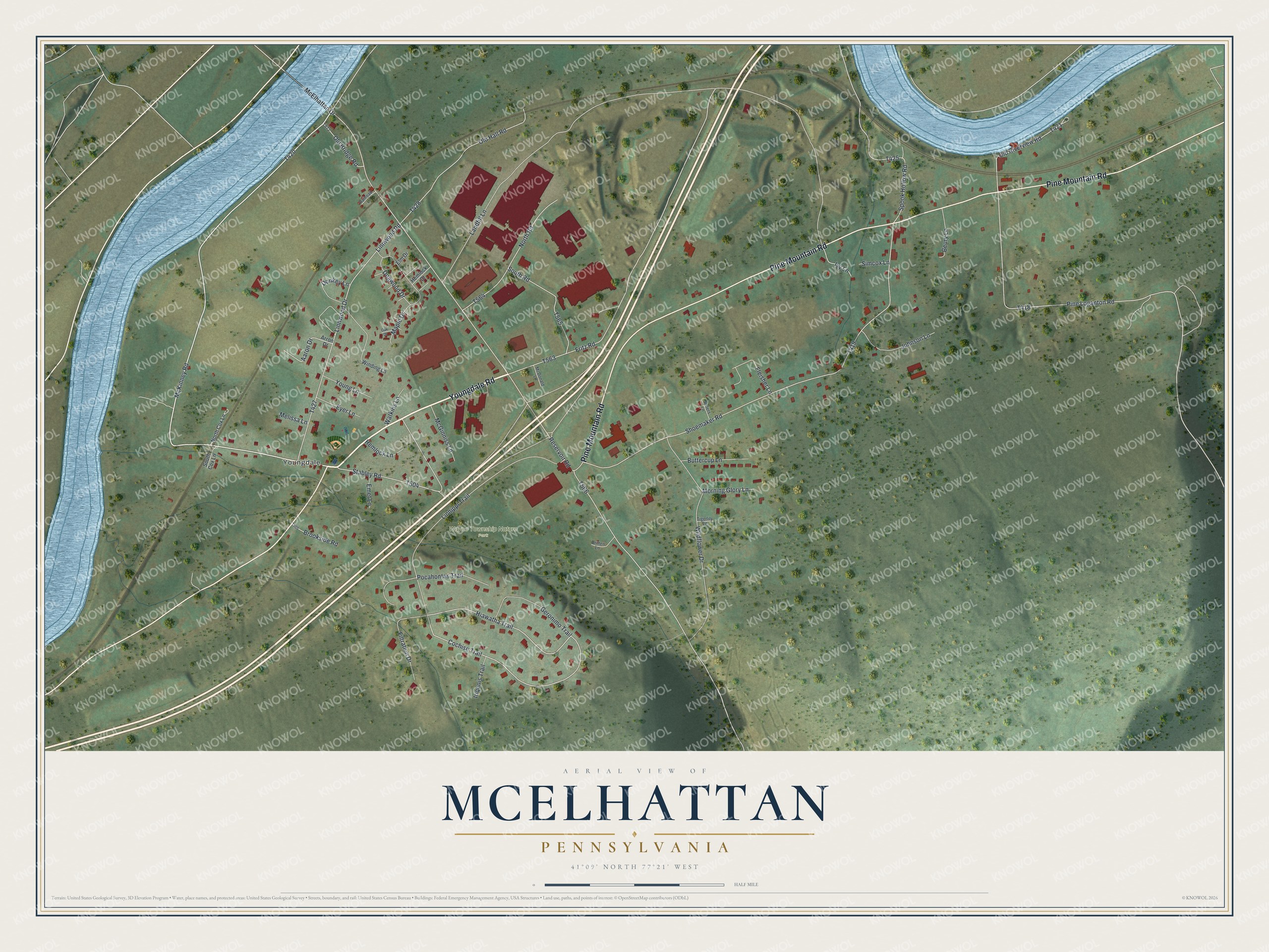 Full map of McElhattan, Pennsylvania, with red buildings, printed street names and the land around them