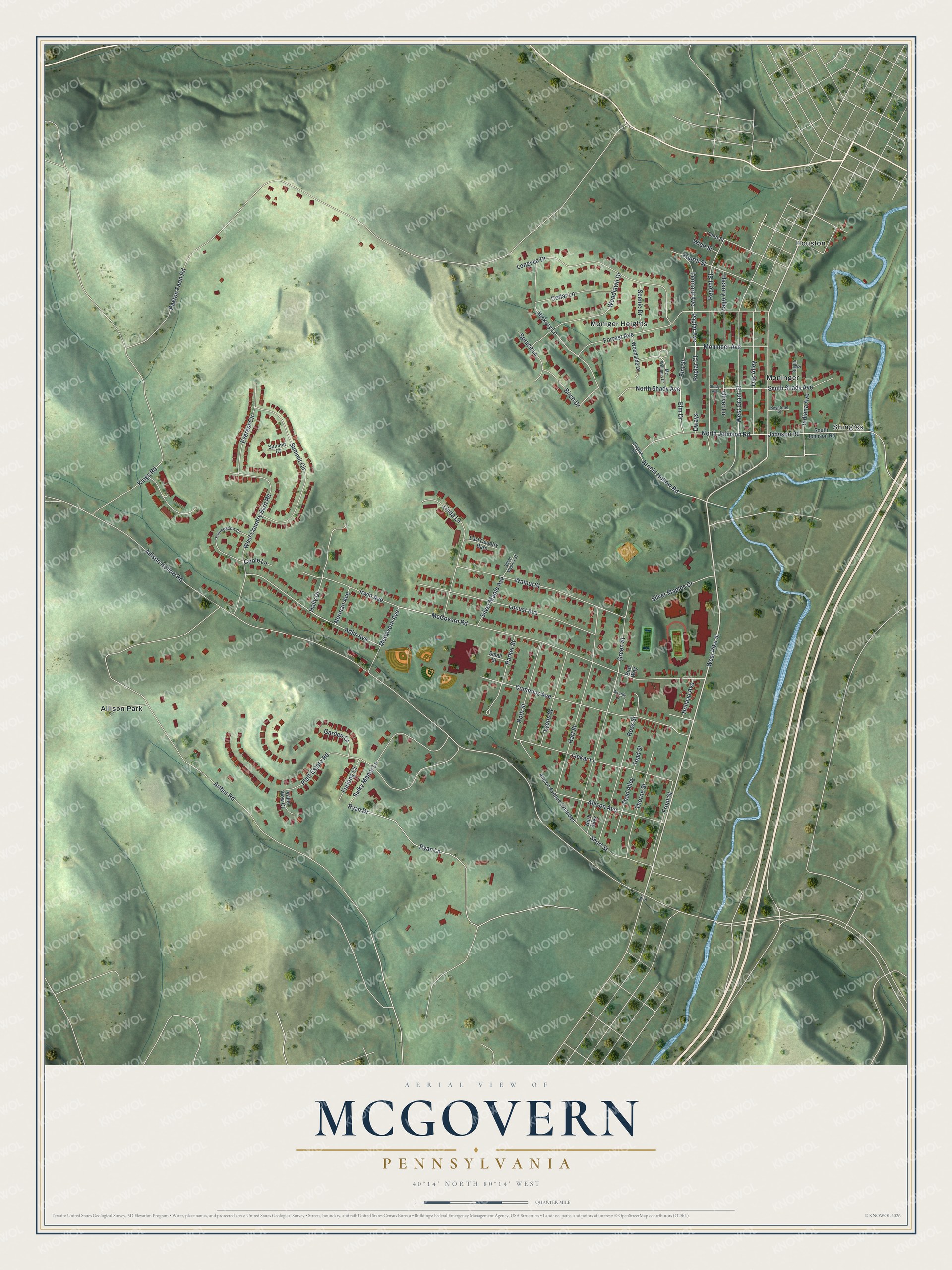 Full map of McGovern, Pennsylvania, with red buildings, printed street names and the land around them