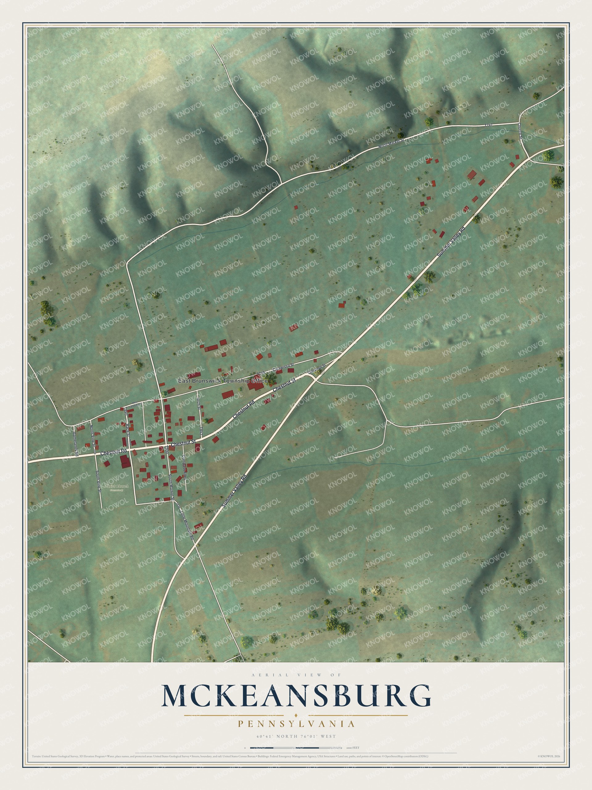 Full map of McKeansburg, Pennsylvania, with red buildings, printed street names and the land around them