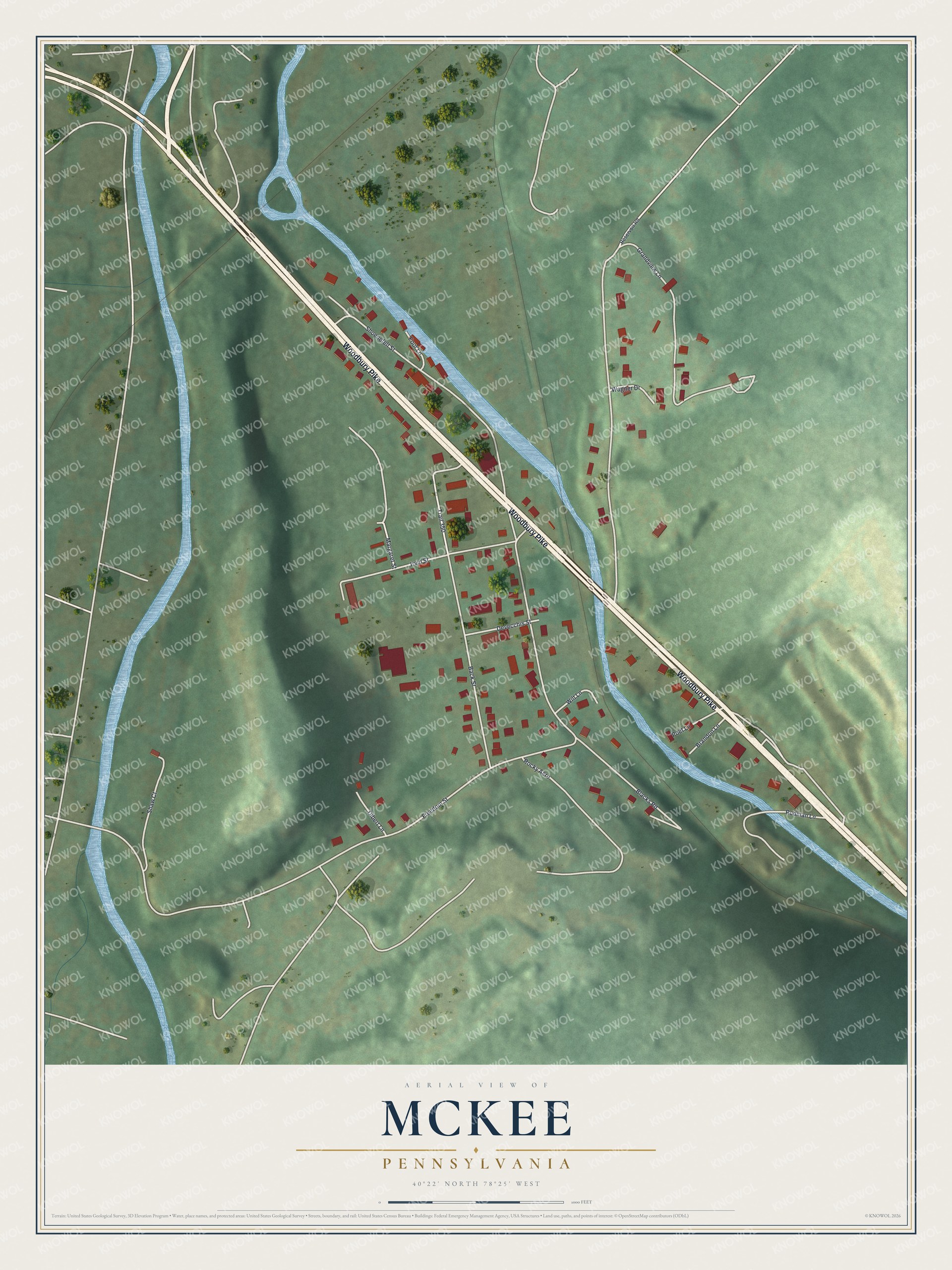 Full map of McKee, Pennsylvania, with red buildings, printed street names and the land around them