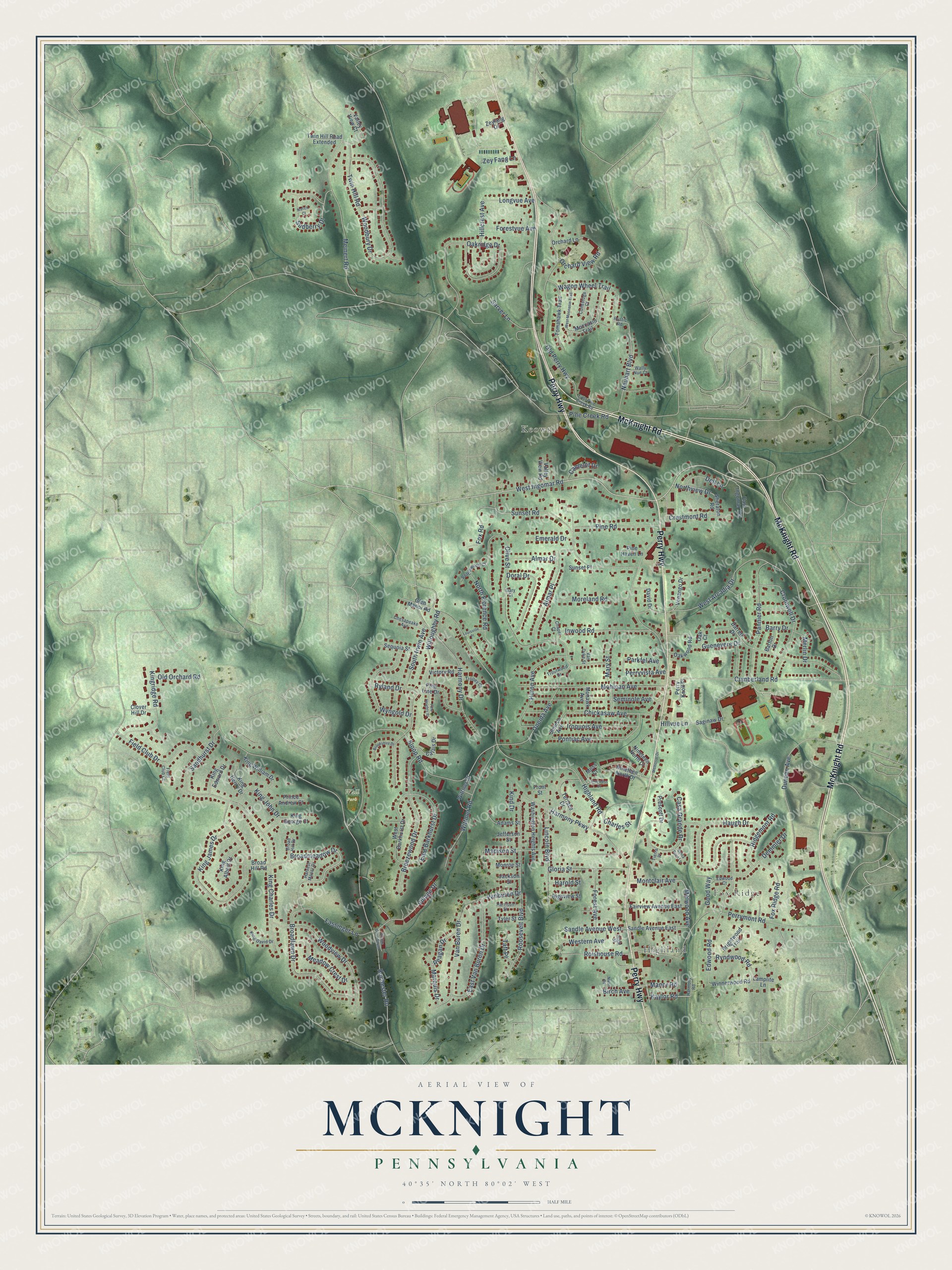 Full map of McKnight, Pennsylvania, with red buildings, printed street names and the land around them
