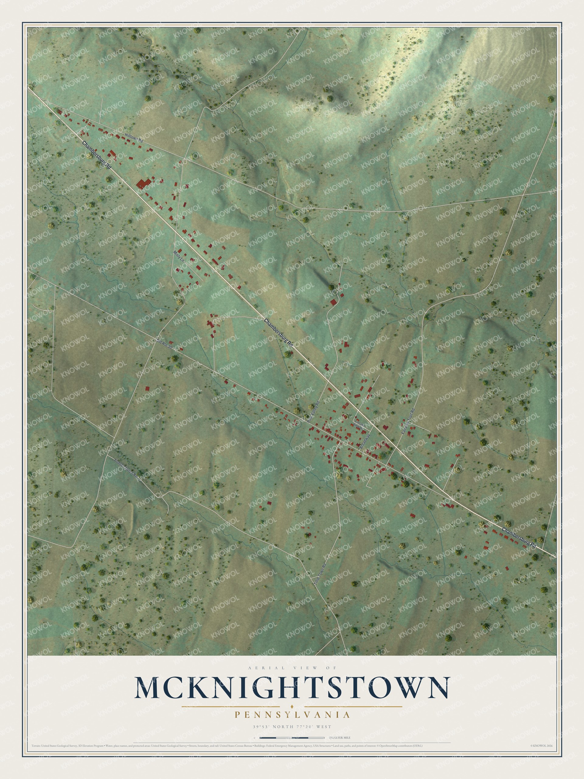 Full map of McKnightstown, Pennsylvania, with red buildings, printed street names and the land around them