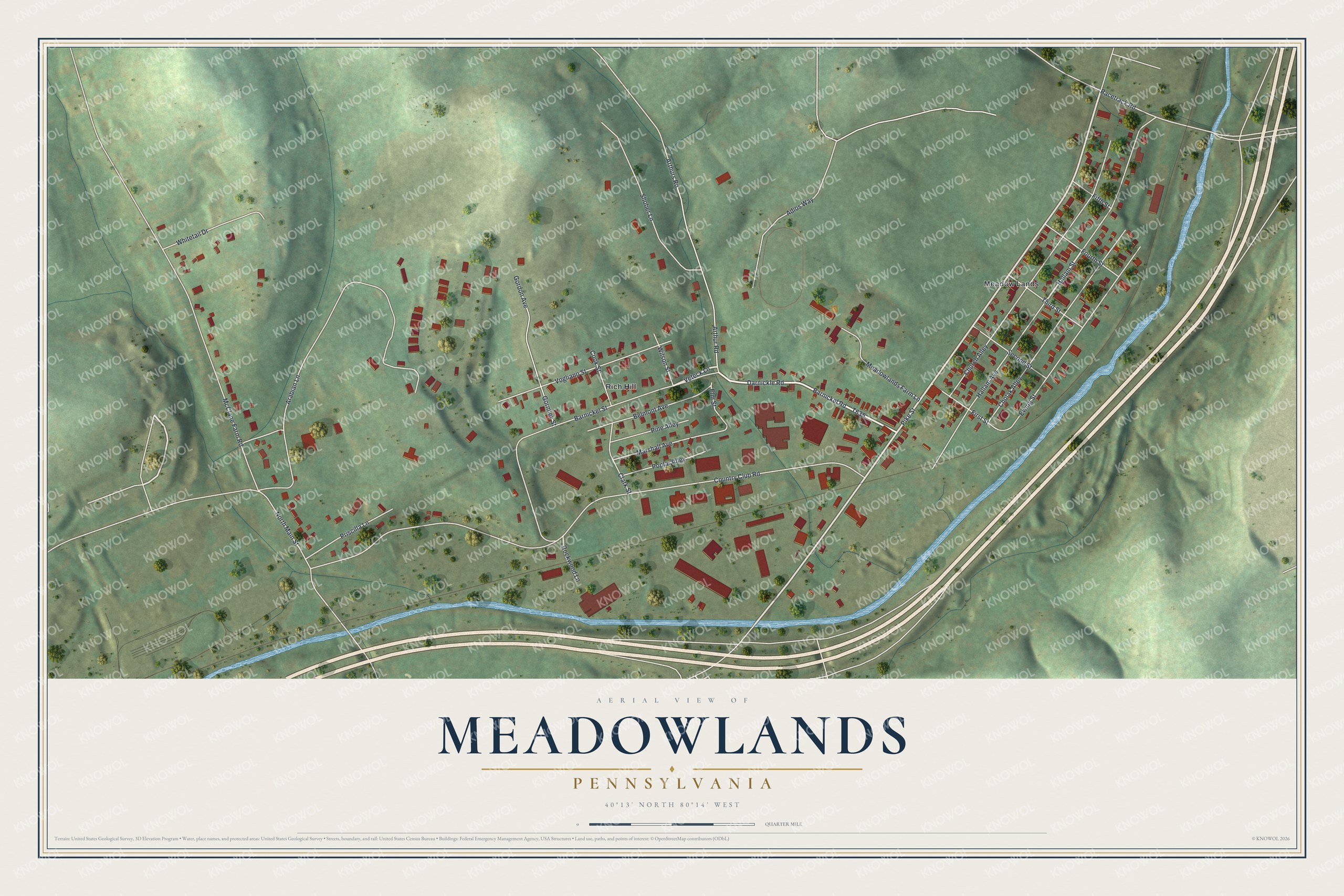 Full map of Meadowlands, Pennsylvania, with red buildings, printed street names and the land around them