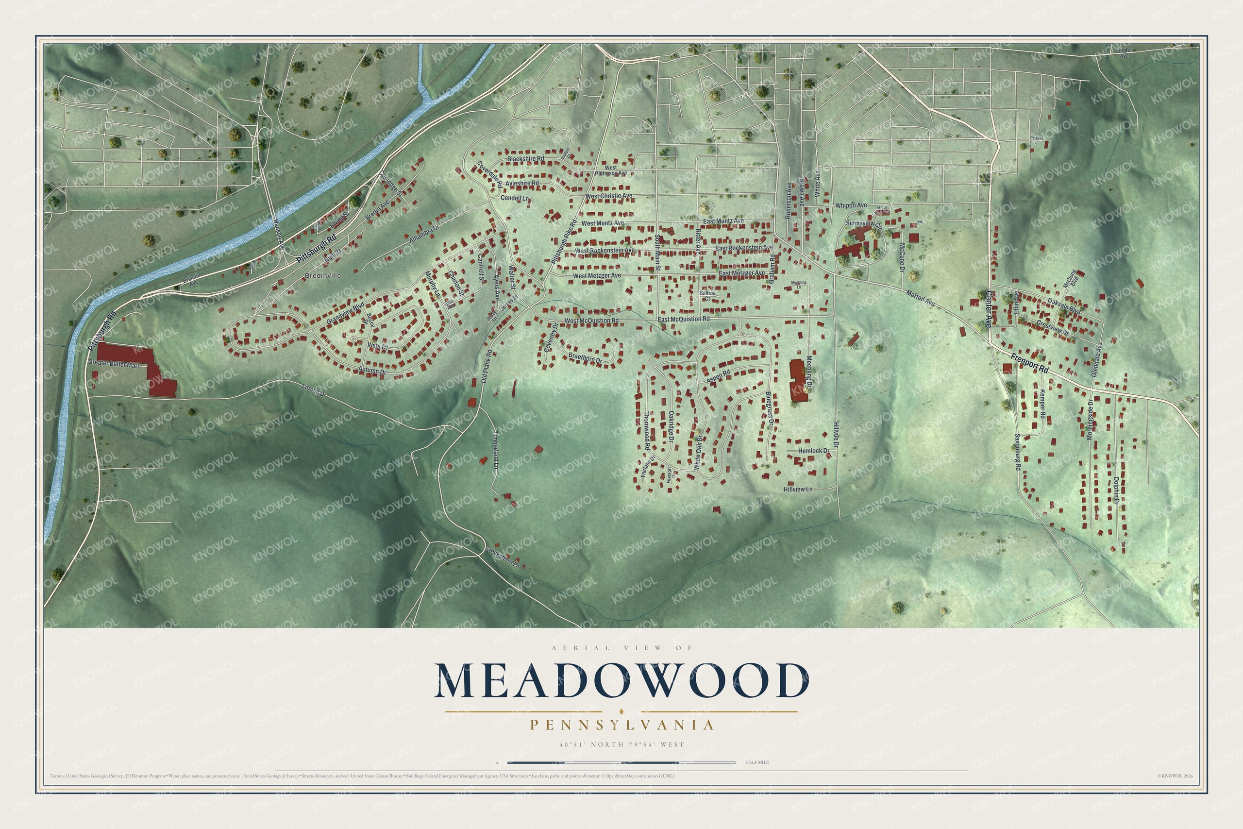 Full map of Meadowood, Pennsylvania, with red buildings, printed street names and the land around them