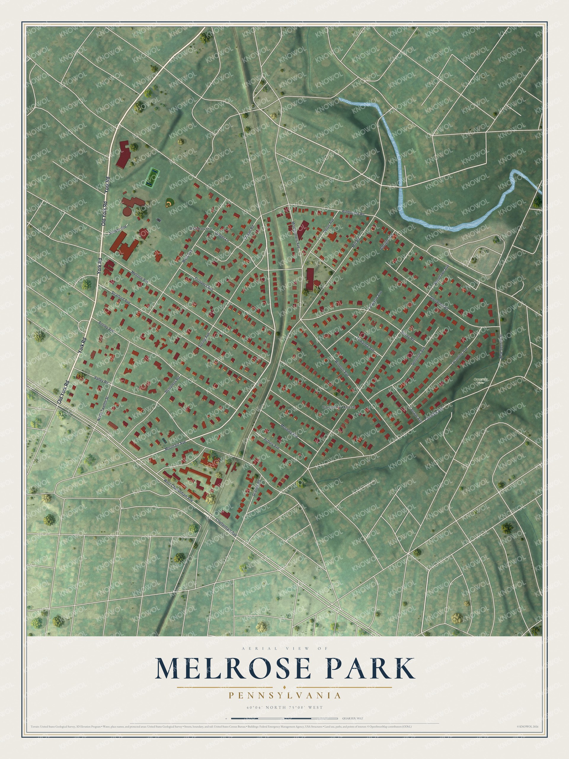 Full map of Melrose Park, Pennsylvania, with red buildings, printed street names and the land around them