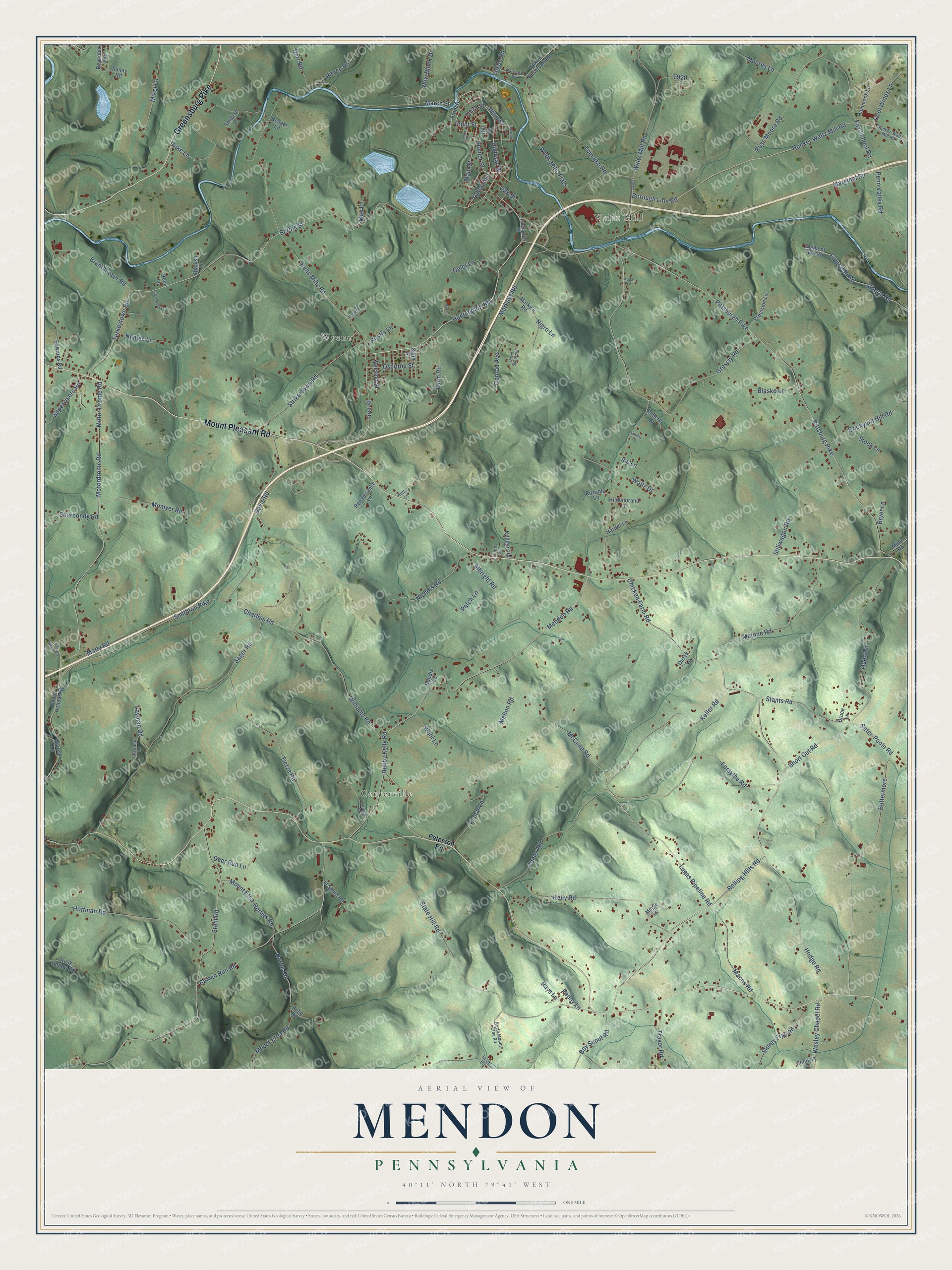 Full map of Mendon, Pennsylvania, with red buildings, printed street names and the land around them
