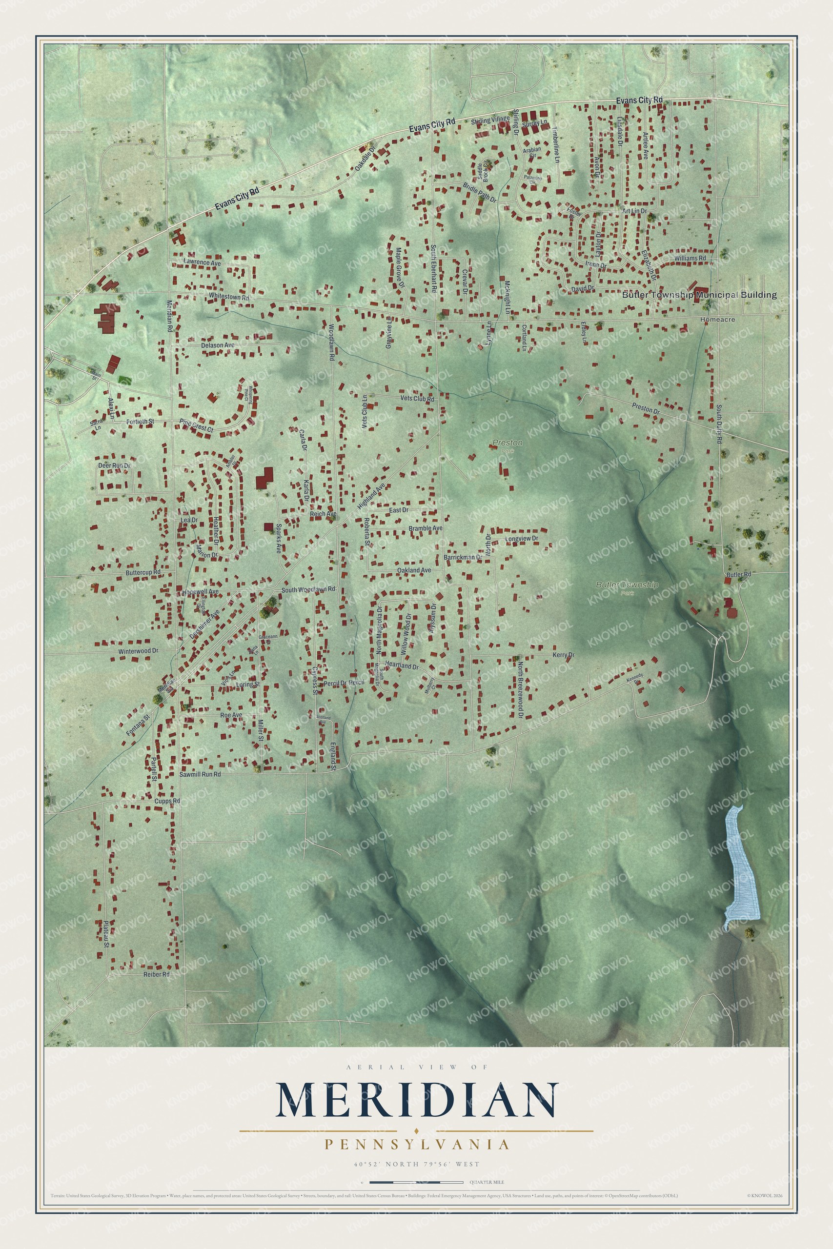Full map of Meridian, Pennsylvania, with red buildings, printed street names and the land around them