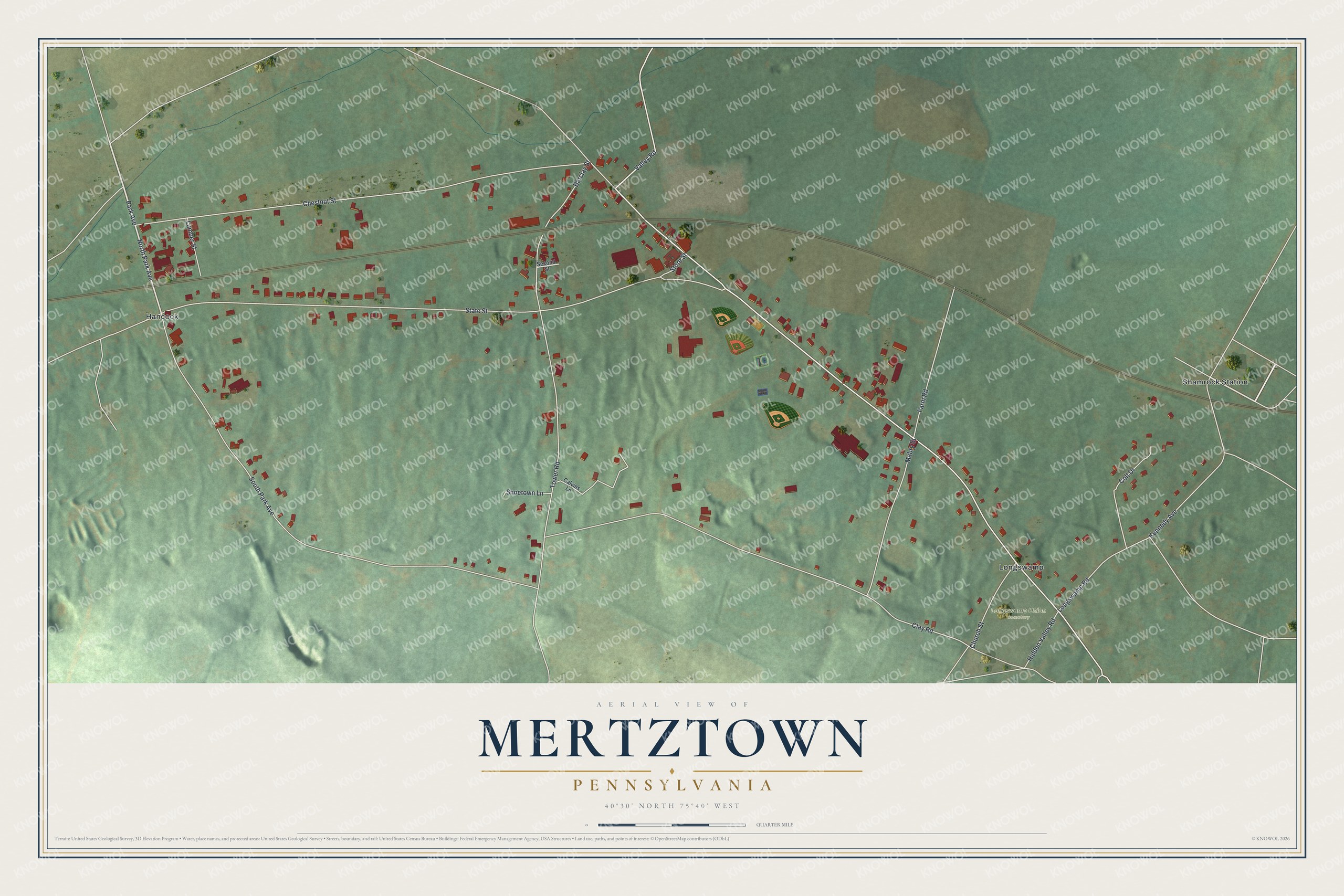 Full map of Mertztown, Pennsylvania, with red buildings, printed street names and the land around them