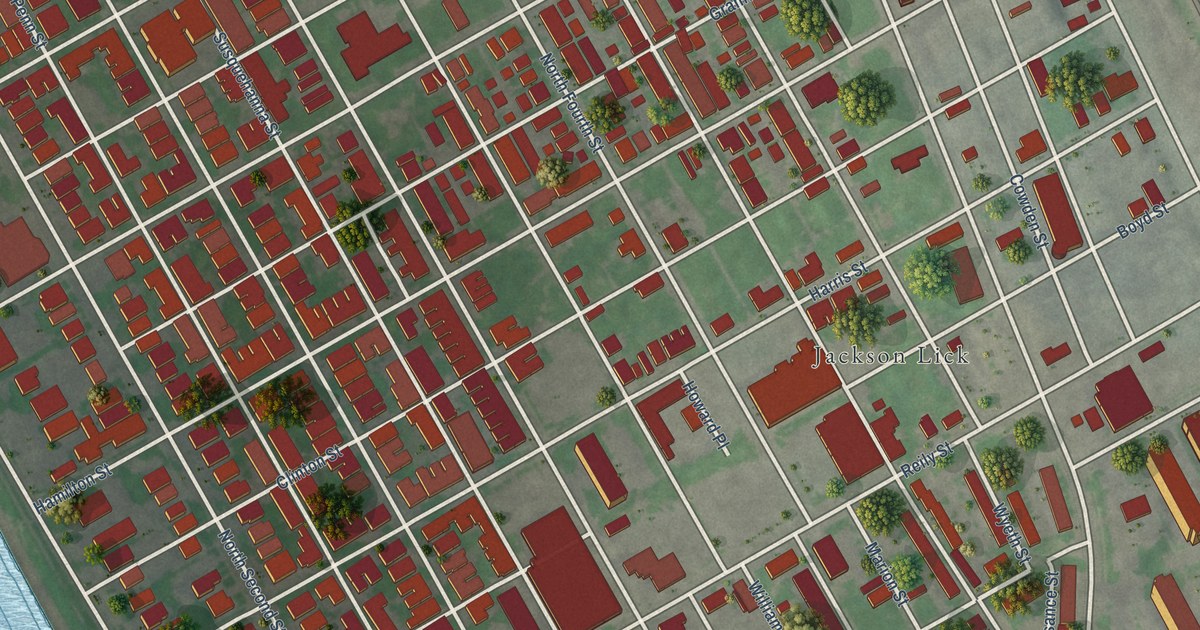 Close-up of streets and buildings in Midtown, Pennsylvania