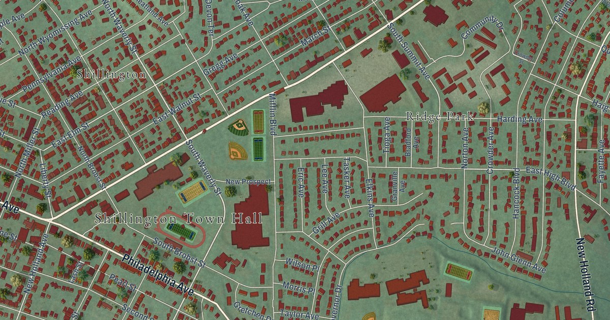 Close-up of streets and buildings in Mifflin Park, Pennsylvania