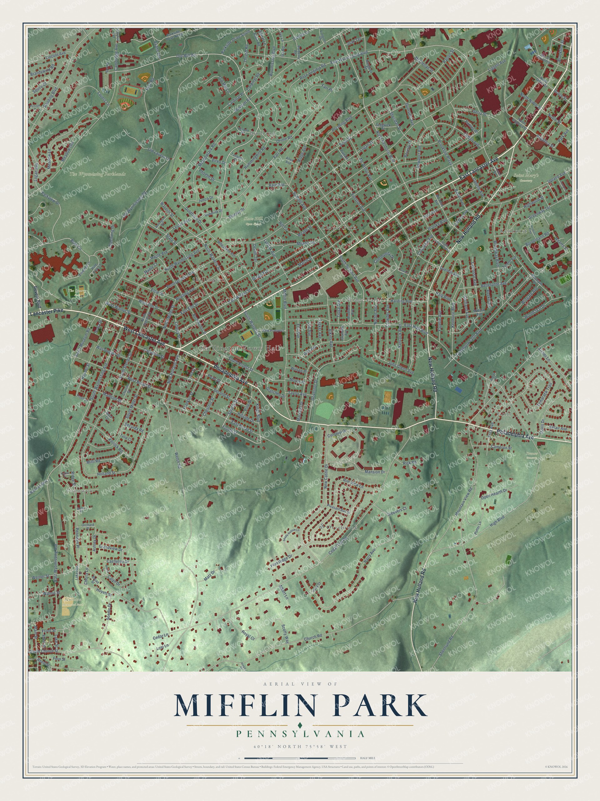 Full map of Mifflin Park, Pennsylvania, with red buildings, printed street names and the land around them