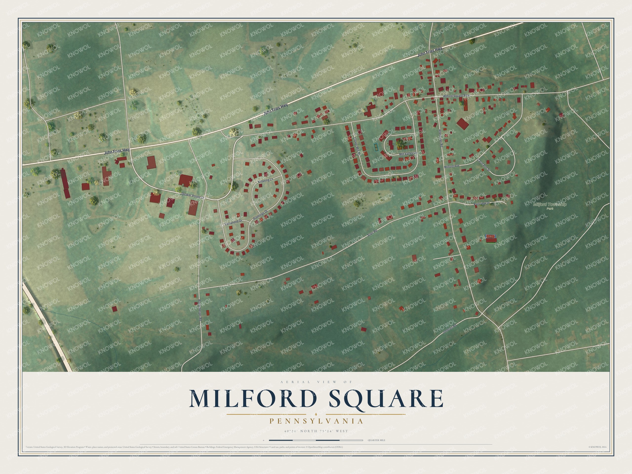 Full map of Milford Square, Pennsylvania, with red buildings, printed street names and the land around them