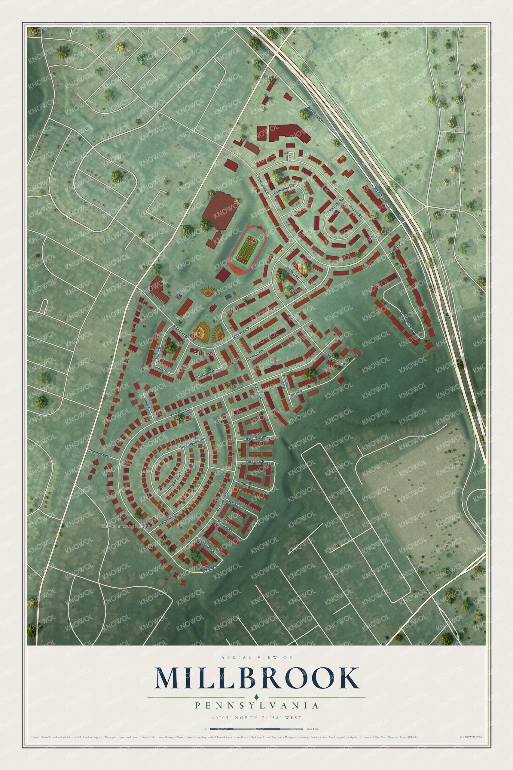 Full map of Millbrook, Pennsylvania, with red buildings, printed street names and the land around them