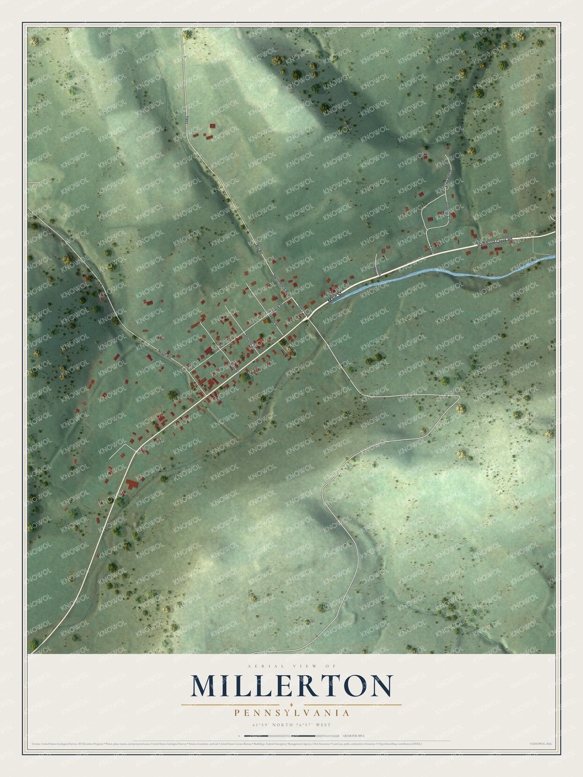 Full map of Millerton, Pennsylvania, with red buildings, printed street names and the land around them