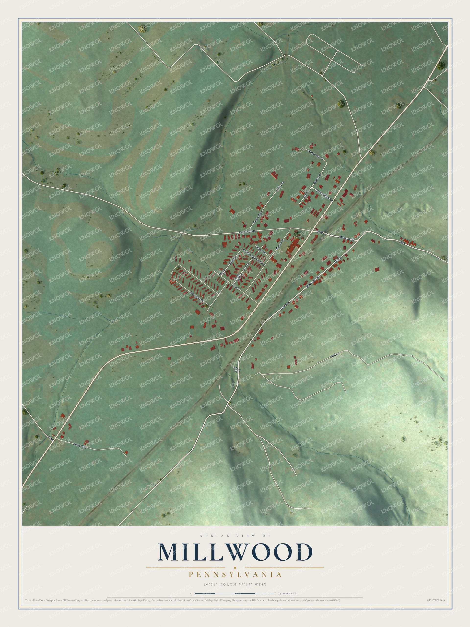 Full map of Millwood, Pennsylvania, with red buildings, printed street names and the land around them