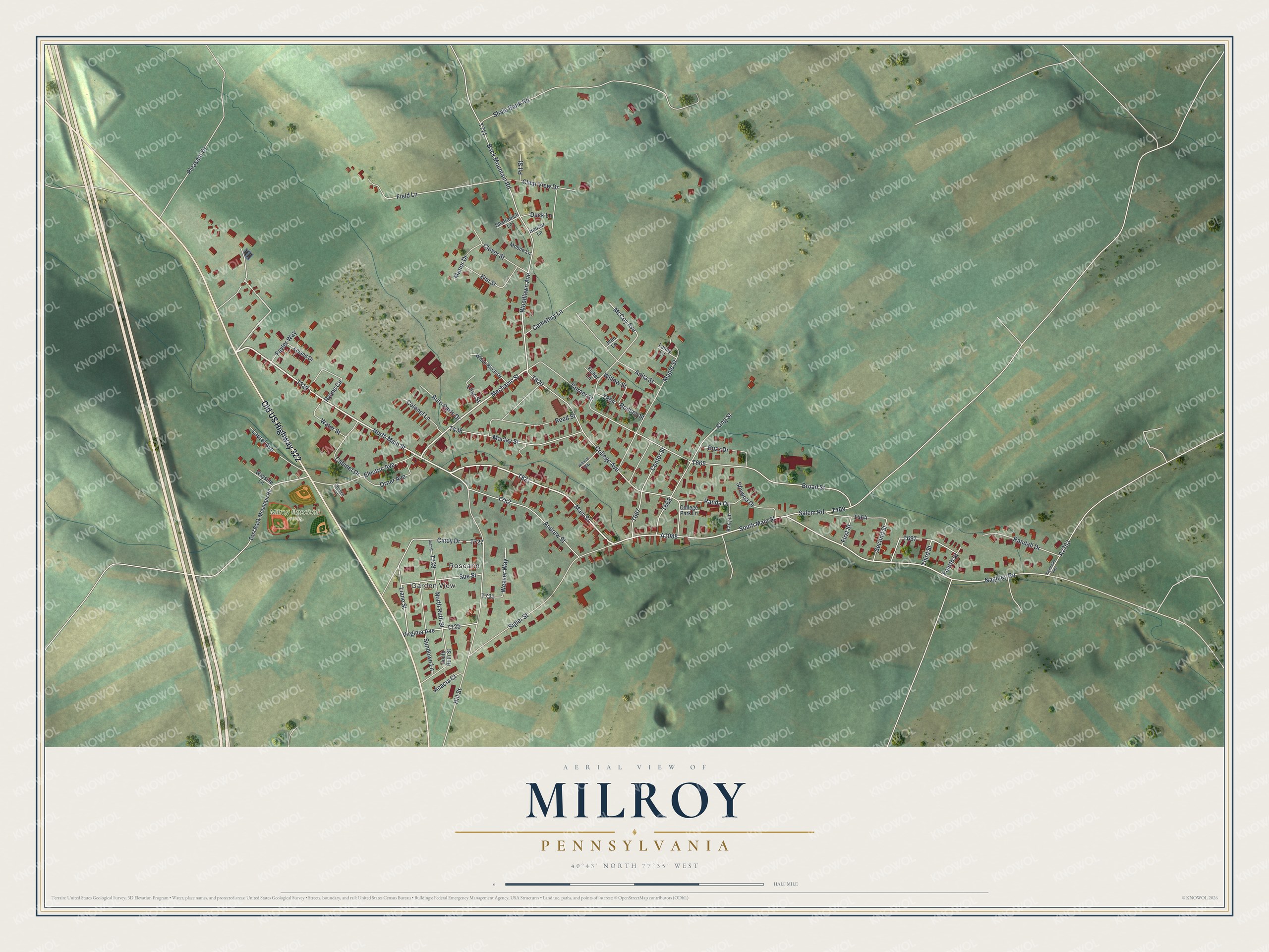Full map of Milroy, Pennsylvania, with red buildings, printed street names and the land around them