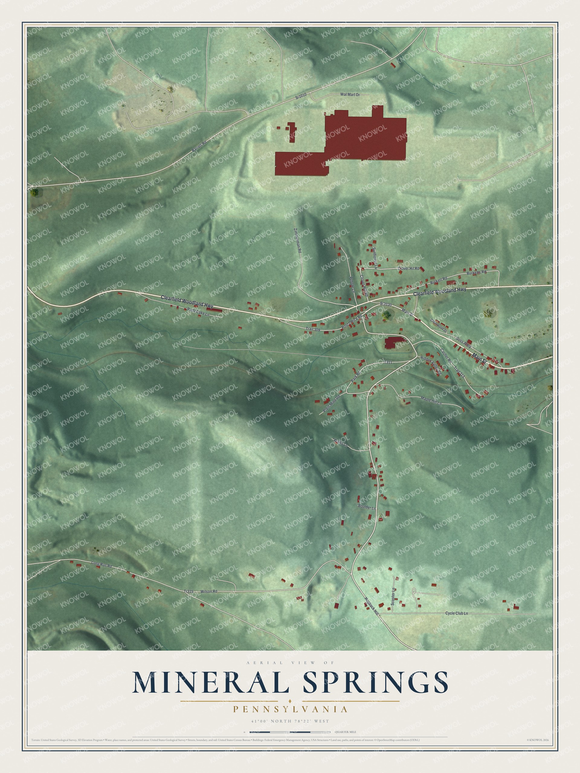 Full map of Mineral Springs, Pennsylvania, with red buildings, printed street names and the land around them