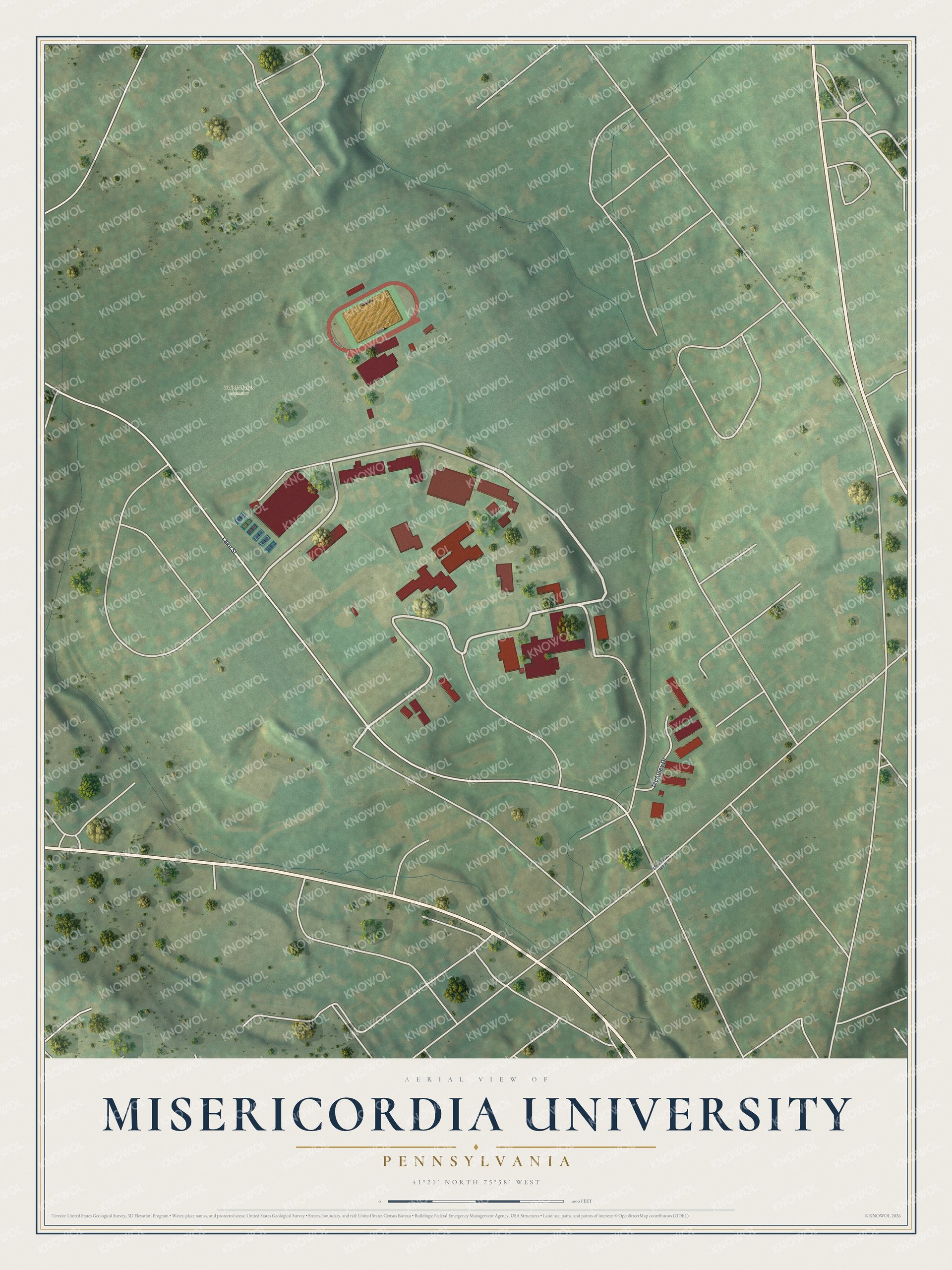 Full map of Misericordia University, Pennsylvania, with red buildings, printed street names and the land around them