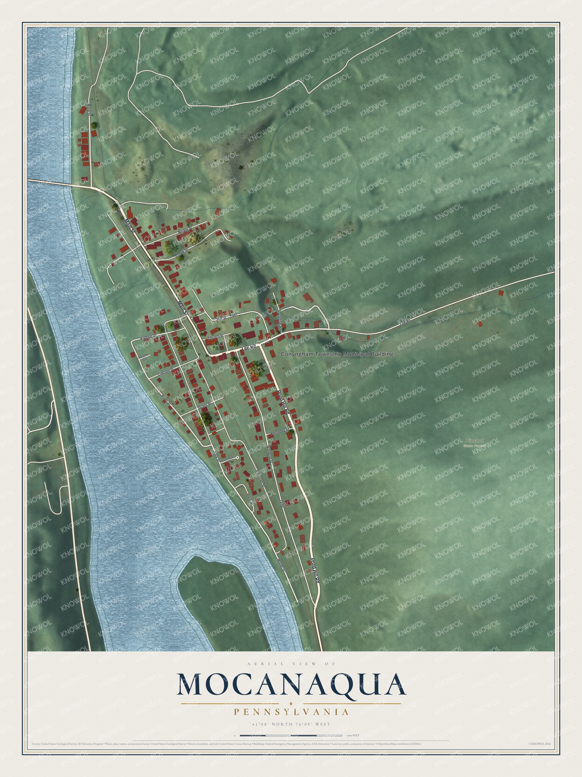 Full map of Mocanaqua, Pennsylvania, with red buildings, printed street names and the land around them