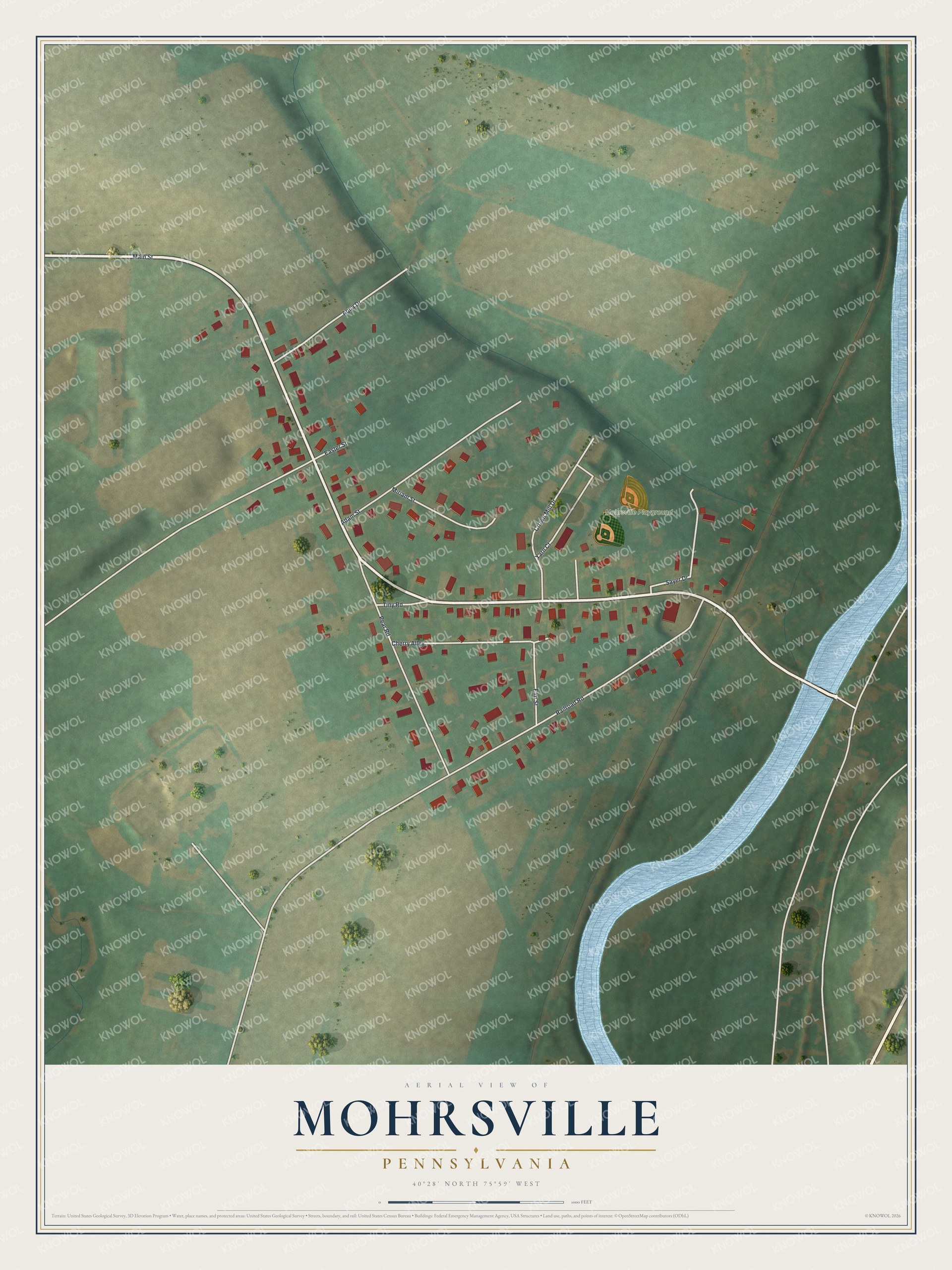 Full map of Mohrsville, Pennsylvania, with red buildings, printed street names and the land around them