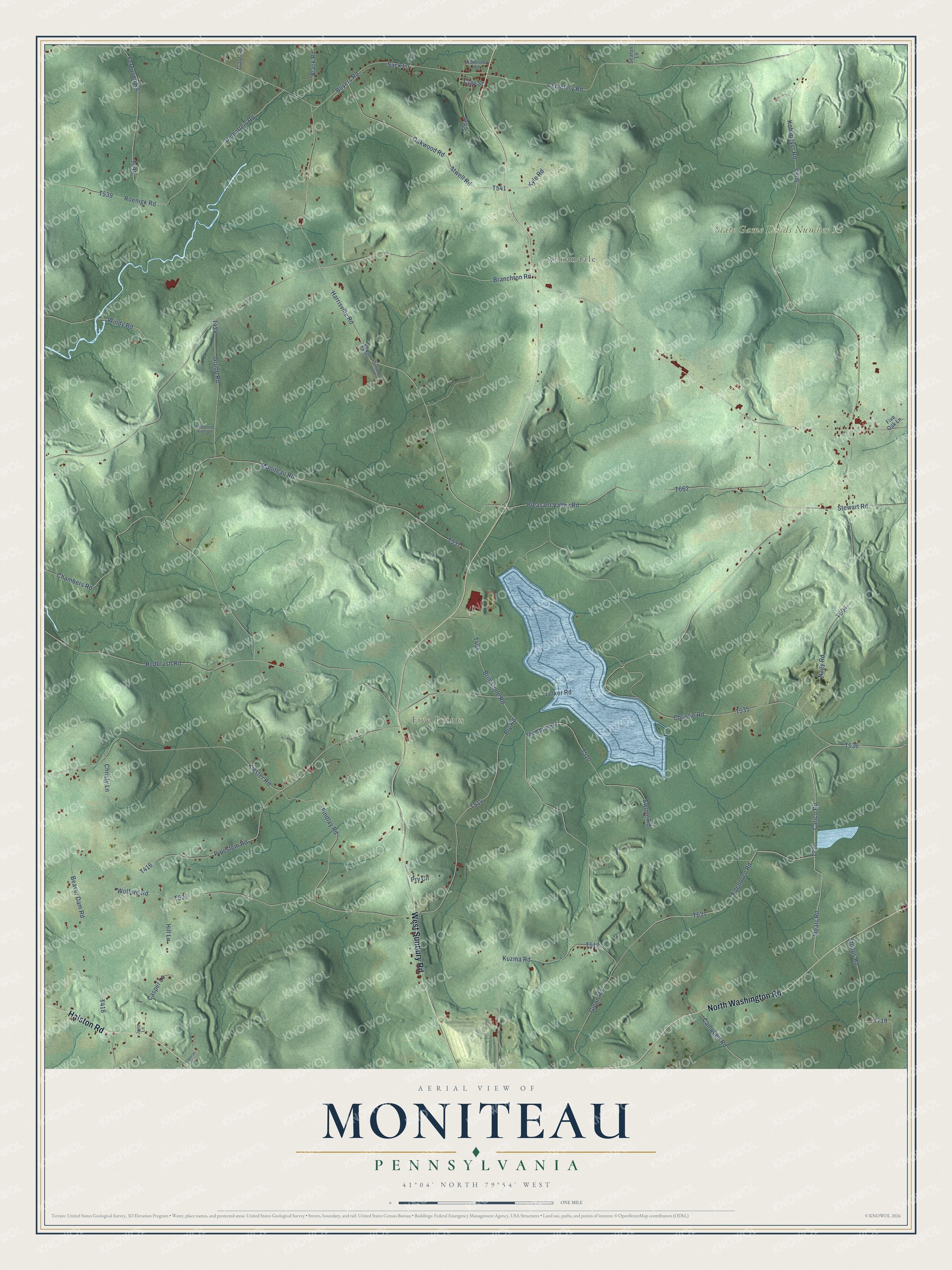 Full map of Moniteau, Pennsylvania, with red buildings, printed street names and the land around them