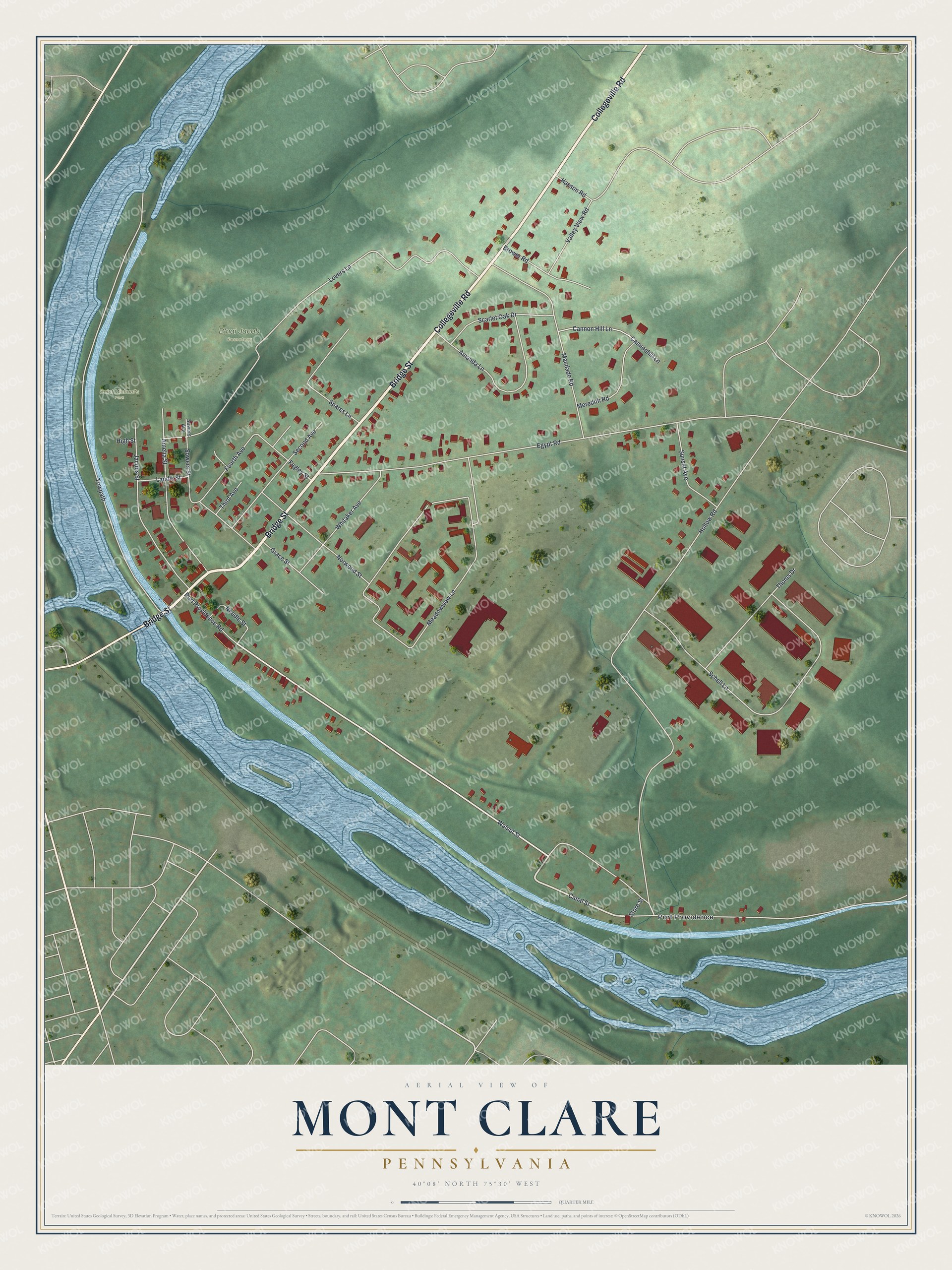 Full map of Mont Clare, Pennsylvania, with red buildings, printed street names and the land around them