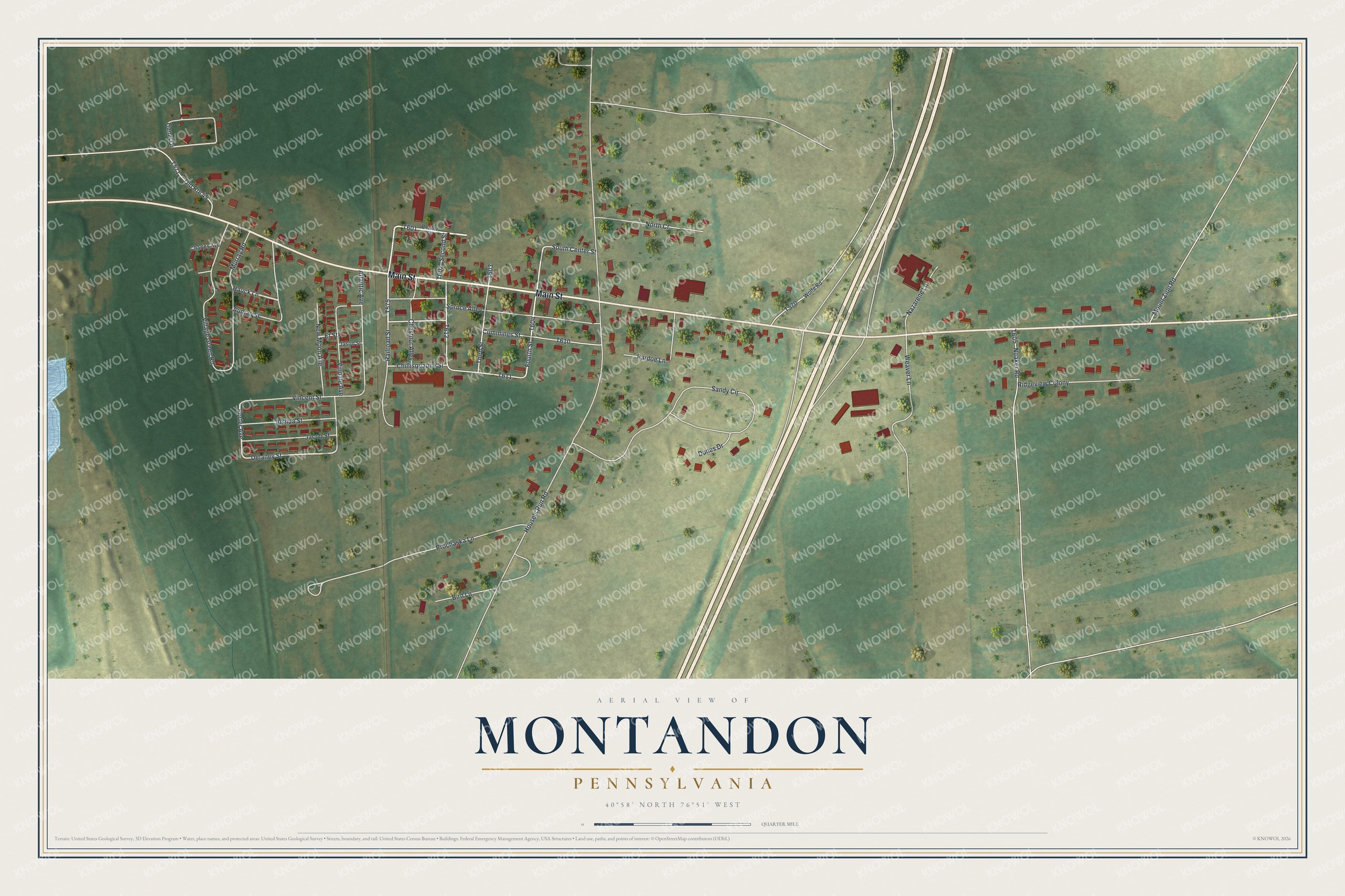 Full map of Montandon, Pennsylvania, with red buildings, printed street names and the land around them